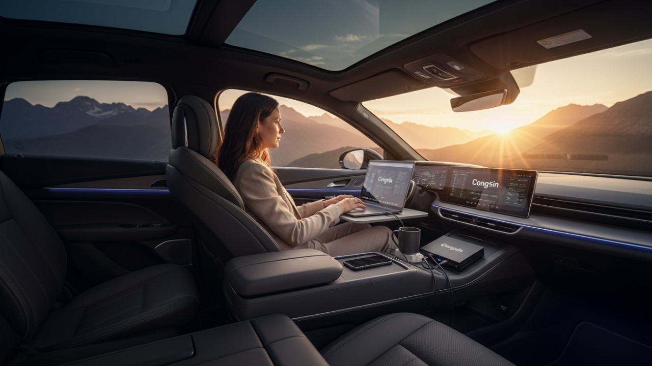 A mobile workspace inside a car with a Congsin power inverter providing electricity for a laptop against a scenic backdrop.