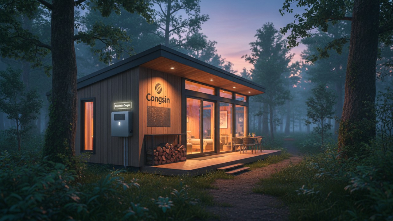 A peaceful off-grid cabin in the woods illuminated at night, representing the reliability of a Congsin power system.