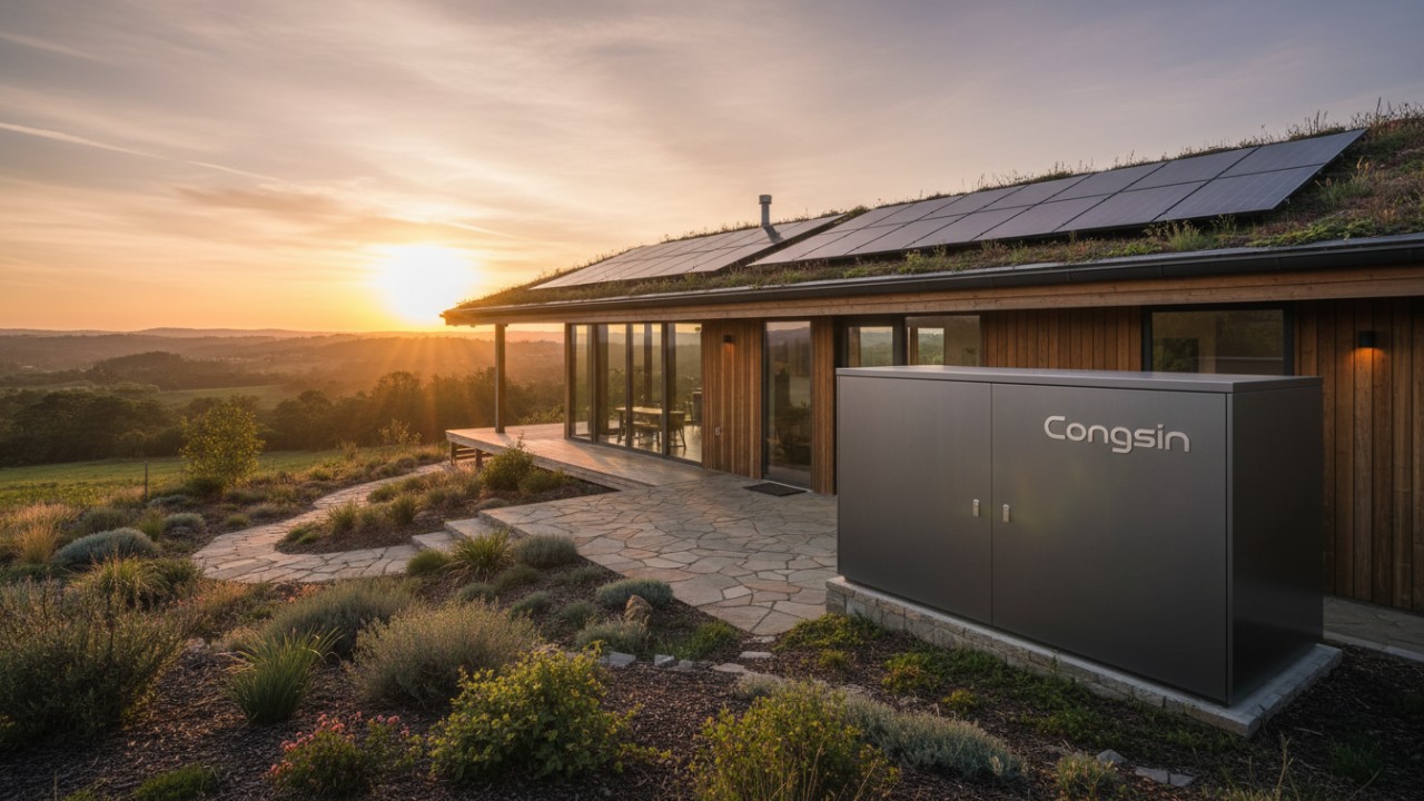A peaceful sunset view of a resilient modern home featuring Congsin energy technology for total power independence.