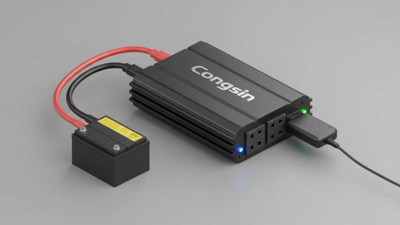 A professional 3D render of a Congsin car power inverter connected to a battery powering a laptop