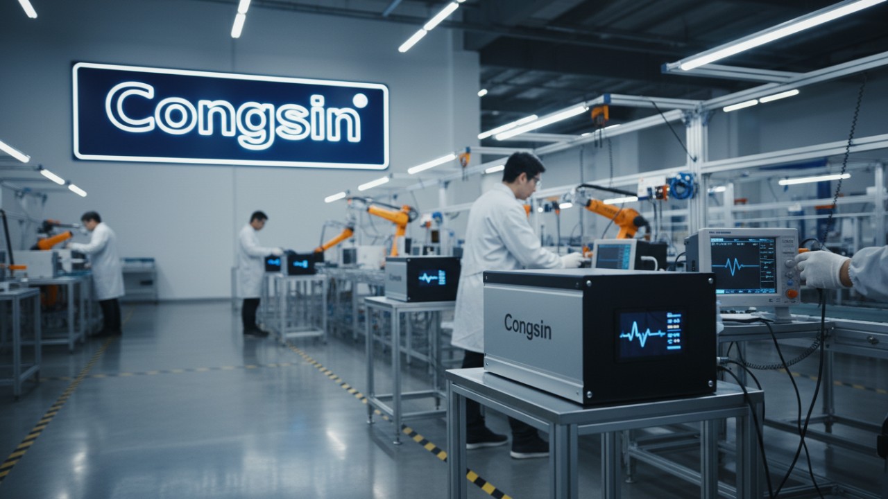 A professional factory environment featuring the Congsin brand name and high-quality power inverters on an assembly line.