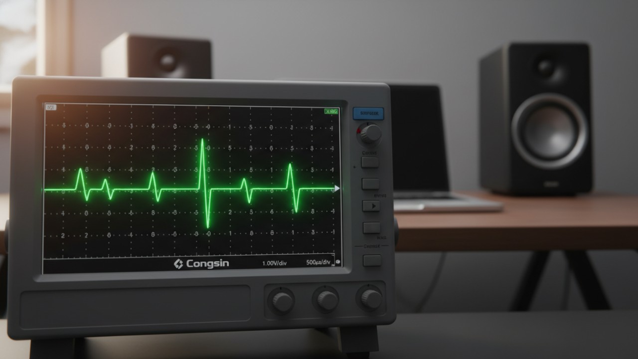 A professional oscilloscope showing a perfect sine wave signal for electronics