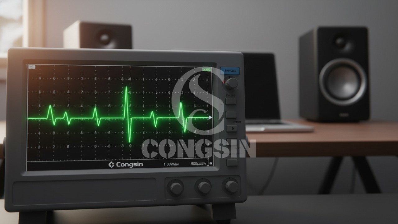 A professional oscilloscope showing a perfect sine wave signal for electronics