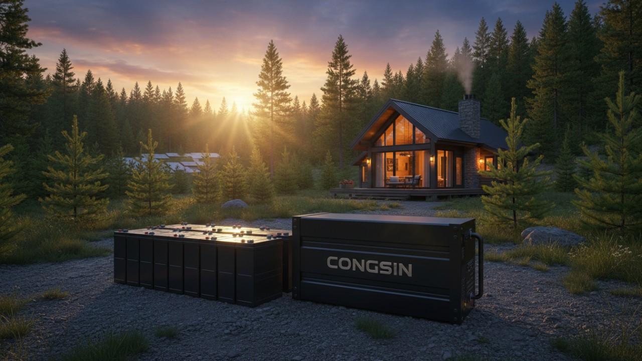 A remote off-grid cabin powered by a professional Congsin solar energy system with an embossed brand logo on the equipment