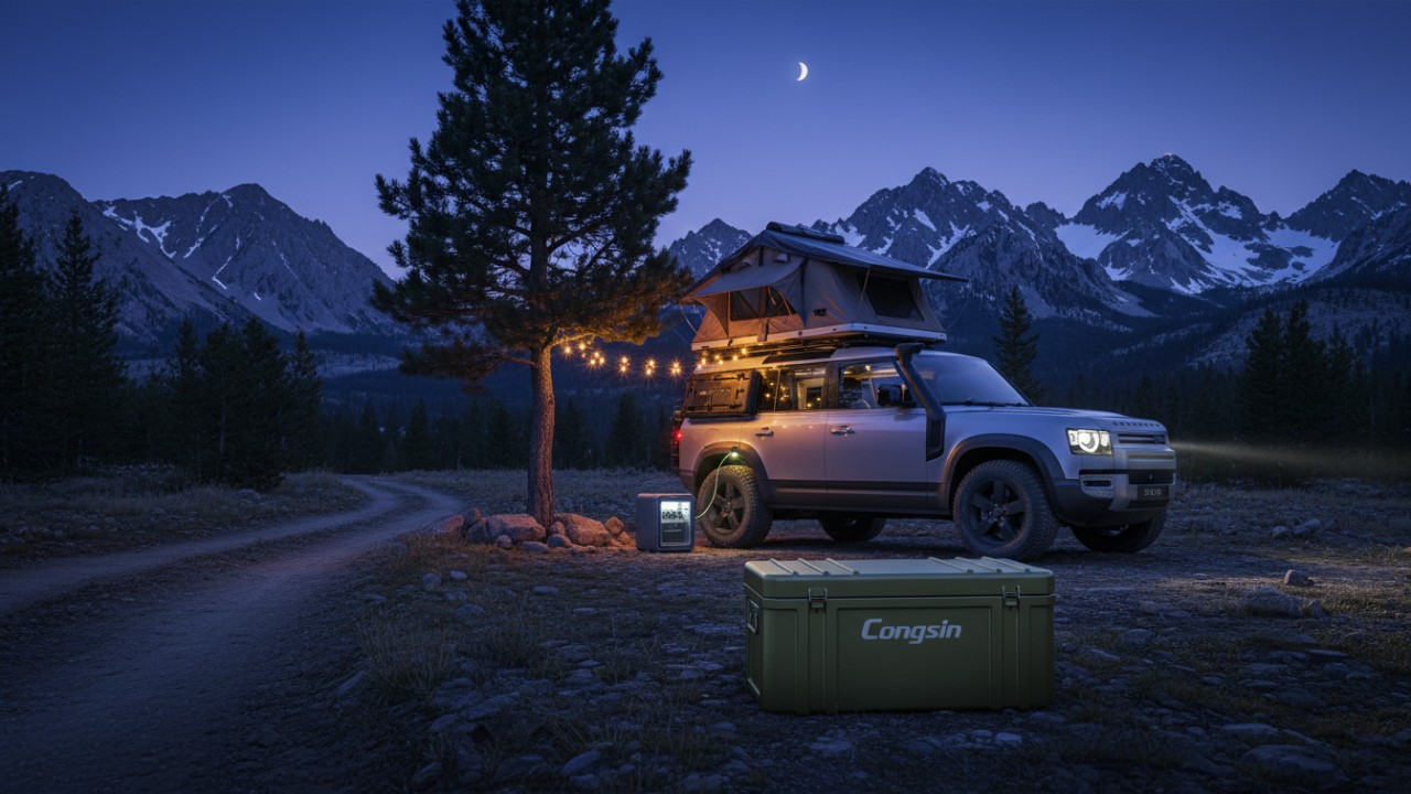 A scenic campsite with a vehicle using a Congsin power system for outdoor appliances.