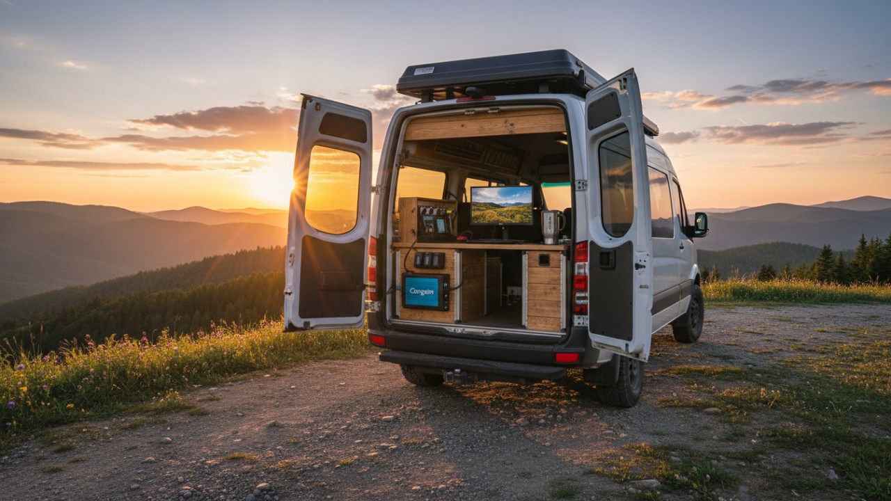 A scenic view of a Congsin power inverter being used in a mobile van setup to provide energy independence during a road trip.