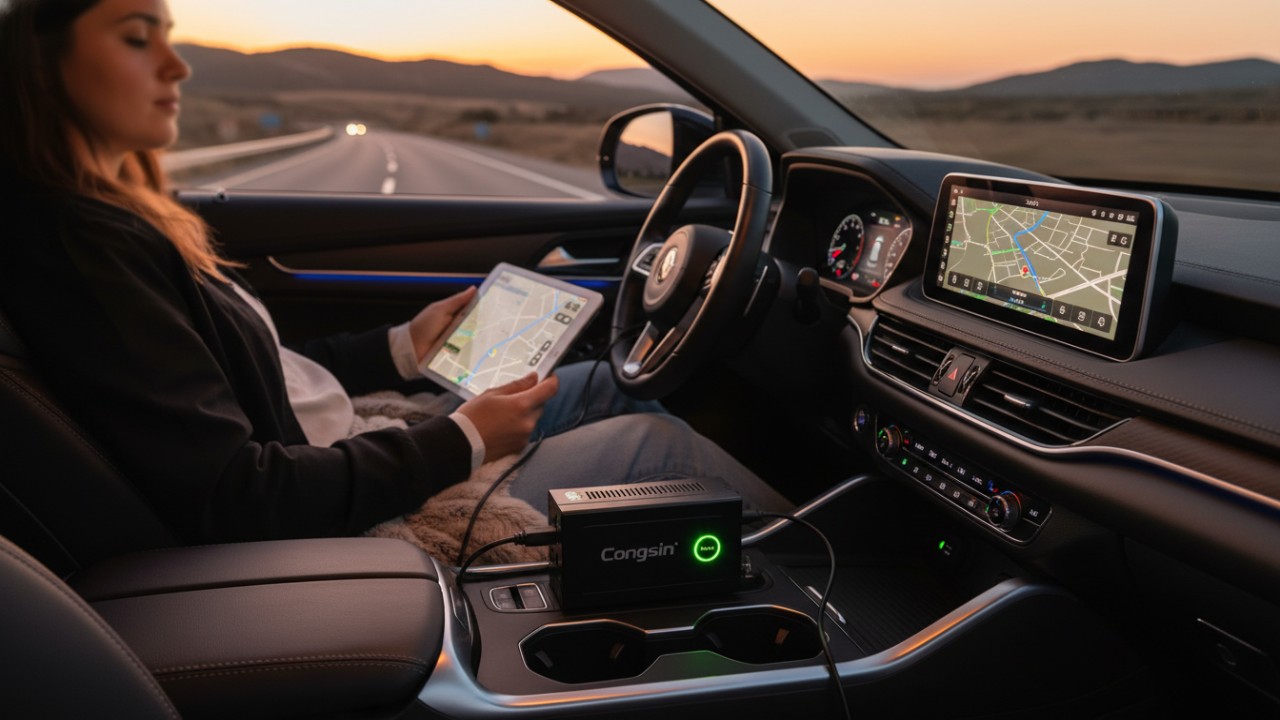 A secure Congsin car inverter providing reliable power for mobile electronics during a comfortable road trip.