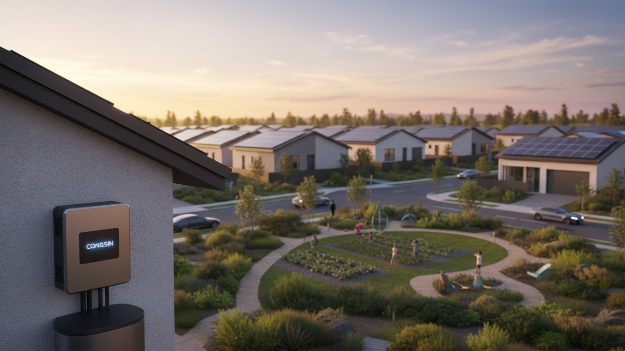 A sustainable modern neighborhood powered by solar energy with a Congsin inverter installed on a house in the foreground.