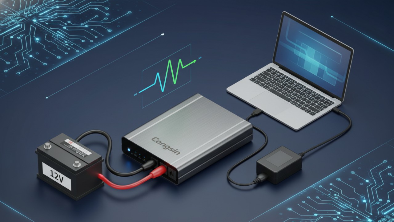 A technical 3D isometric illustration showing a Congsin branded car inverter converting 12V battery power into 230V AC for appliances.