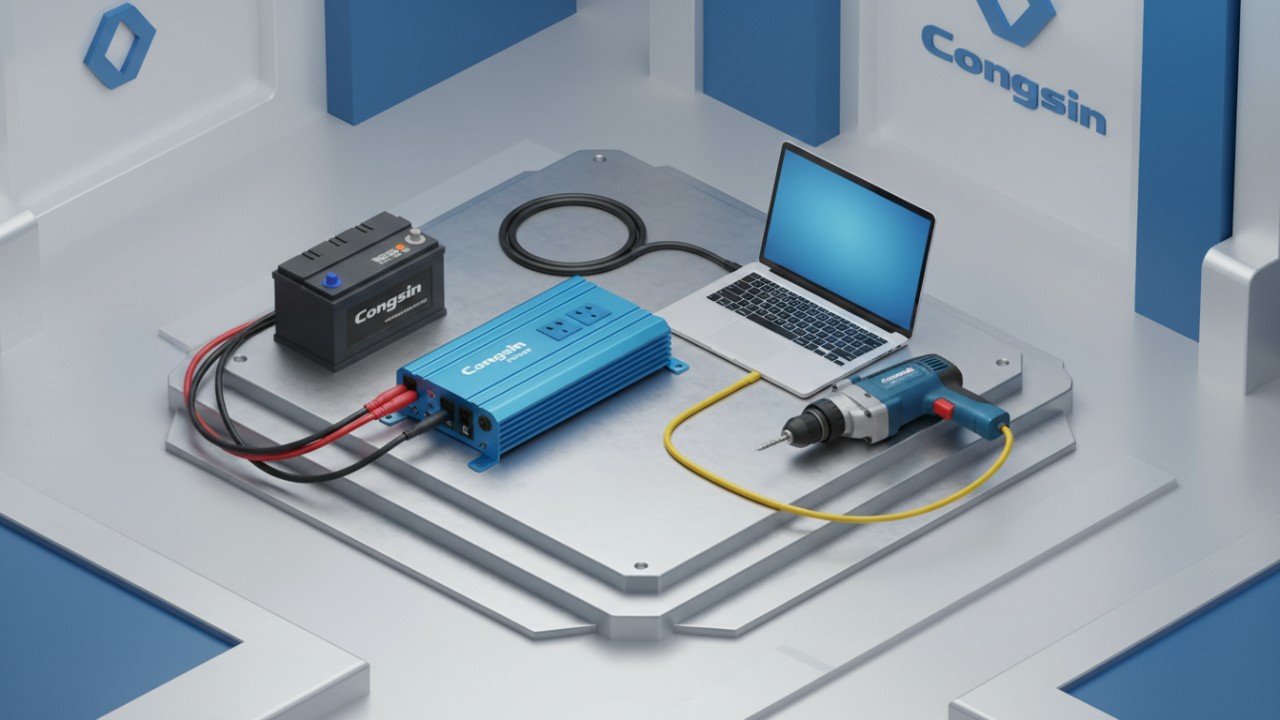 A vehicle power inverter connected to a car battery powering a laptop and a drill
