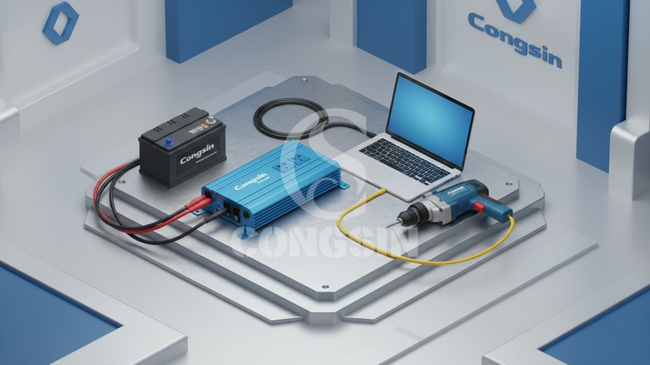 A vehicle power inverter connected to a car battery powering a laptop and a drill