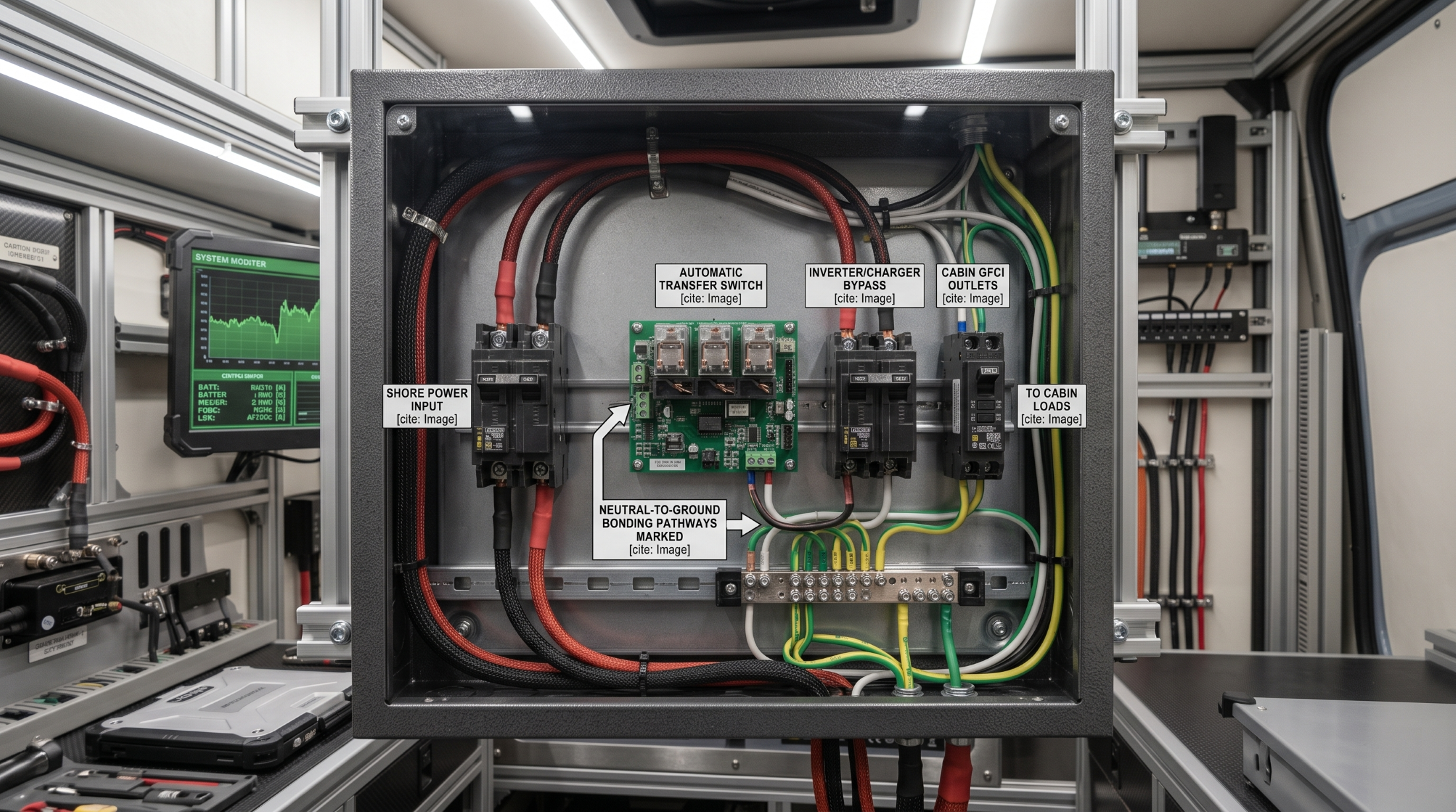 AC distribution breaker panel showing dynamic mobile neutral ground bonding architecture