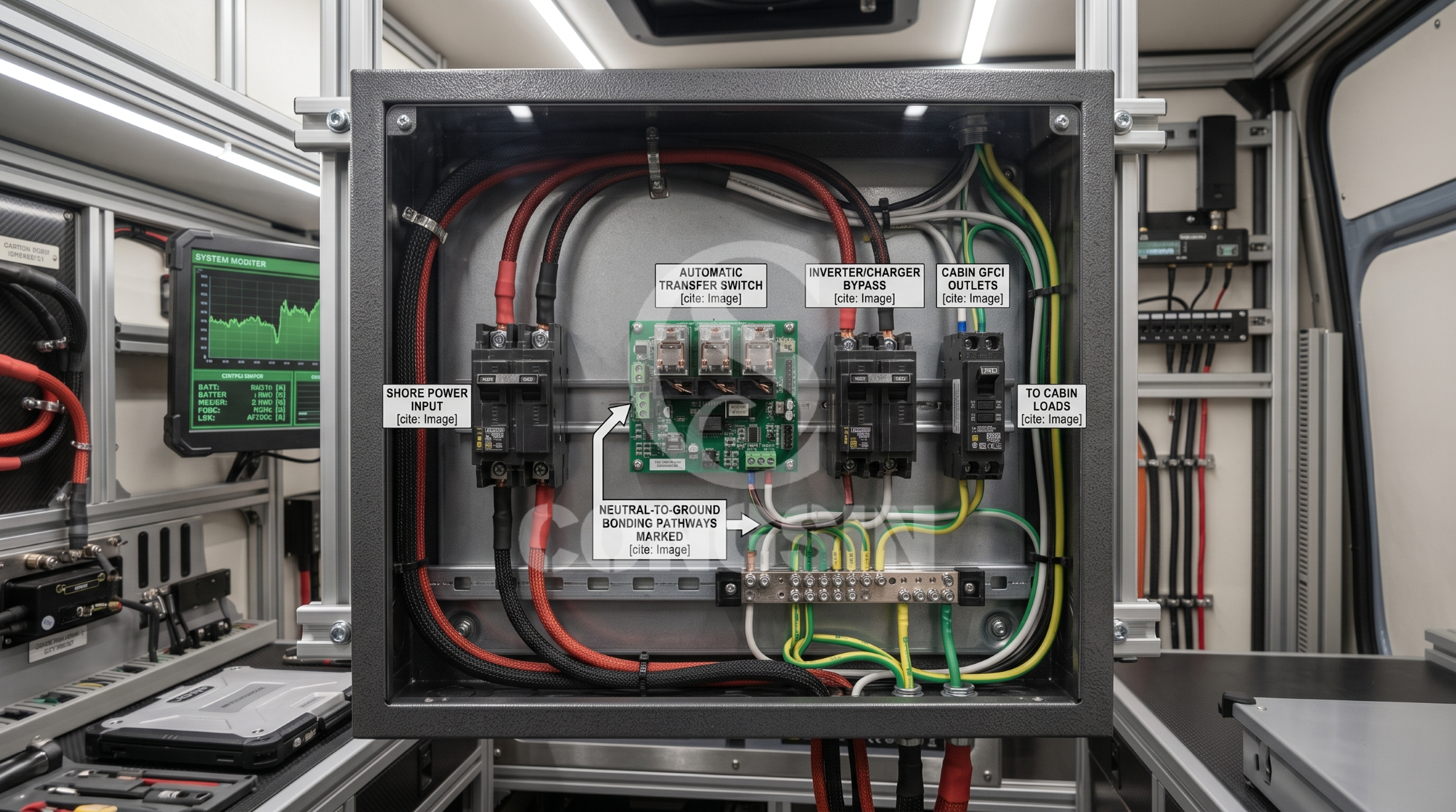 AC distribution breaker panel showing dynamic mobile neutral ground bonding architecture AC distribution breaker panel showing dynamic mobile neutral ground bonding architecture