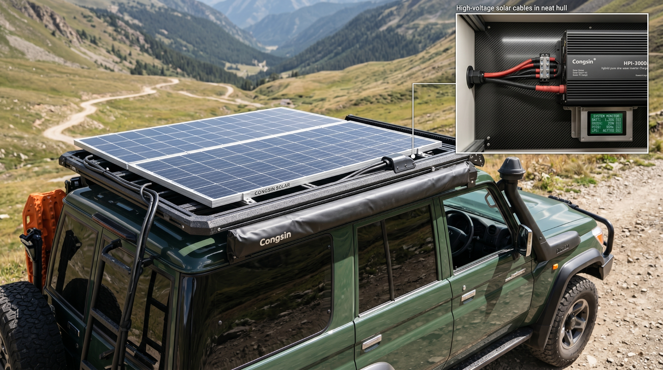 Advanced mobile solar integration connecting high-voltage rooftop PV arrays to an onboard pure sine wave inverter charger system