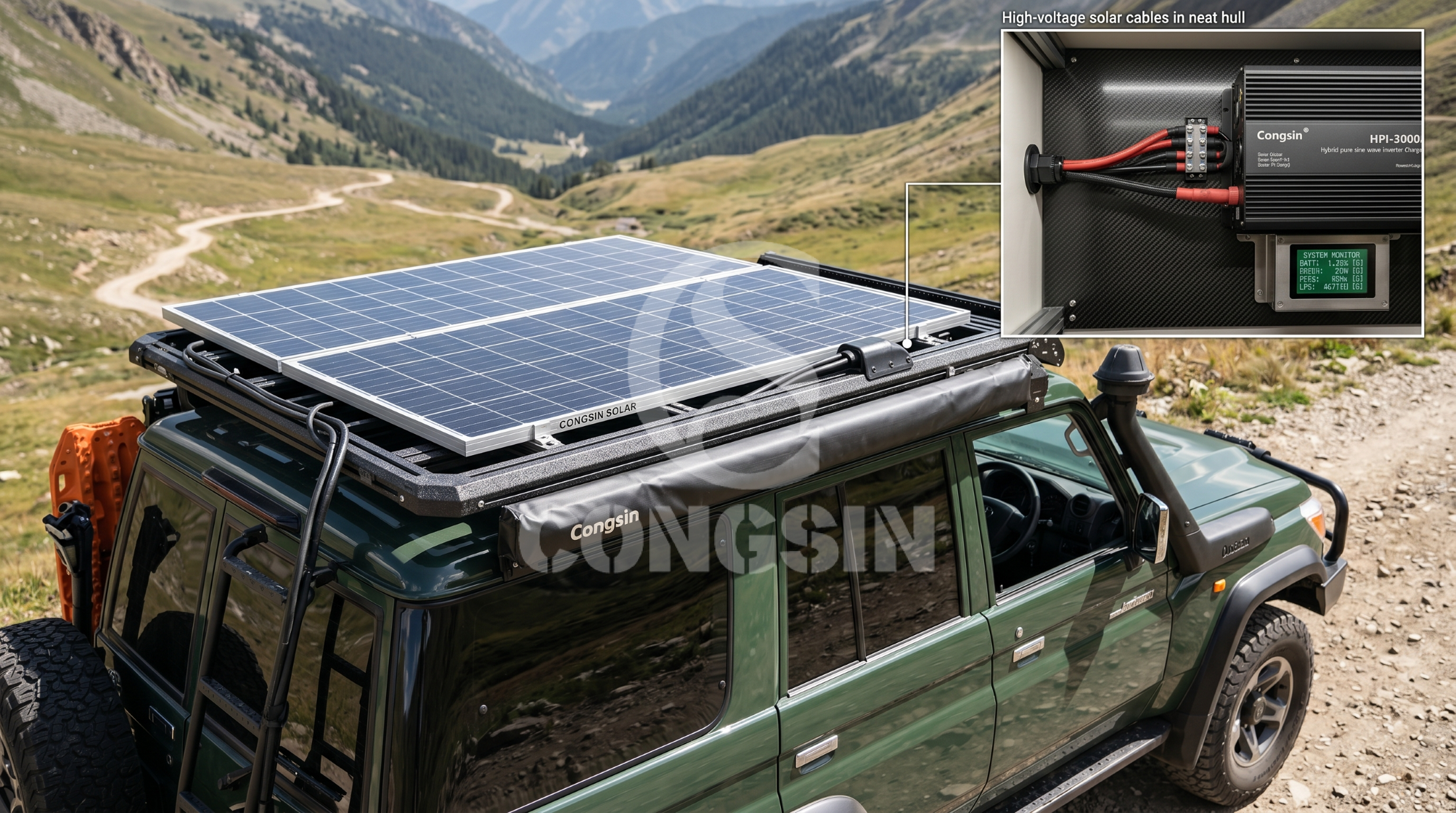 Advanced mobile solar integration connecting high-voltage rooftop PV arrays to an onboard pure sine wave inverter charger system Advanced mobile solar integration connecting high-voltage rooftop PV arrays to an onboard pure sine wave inverter charger system