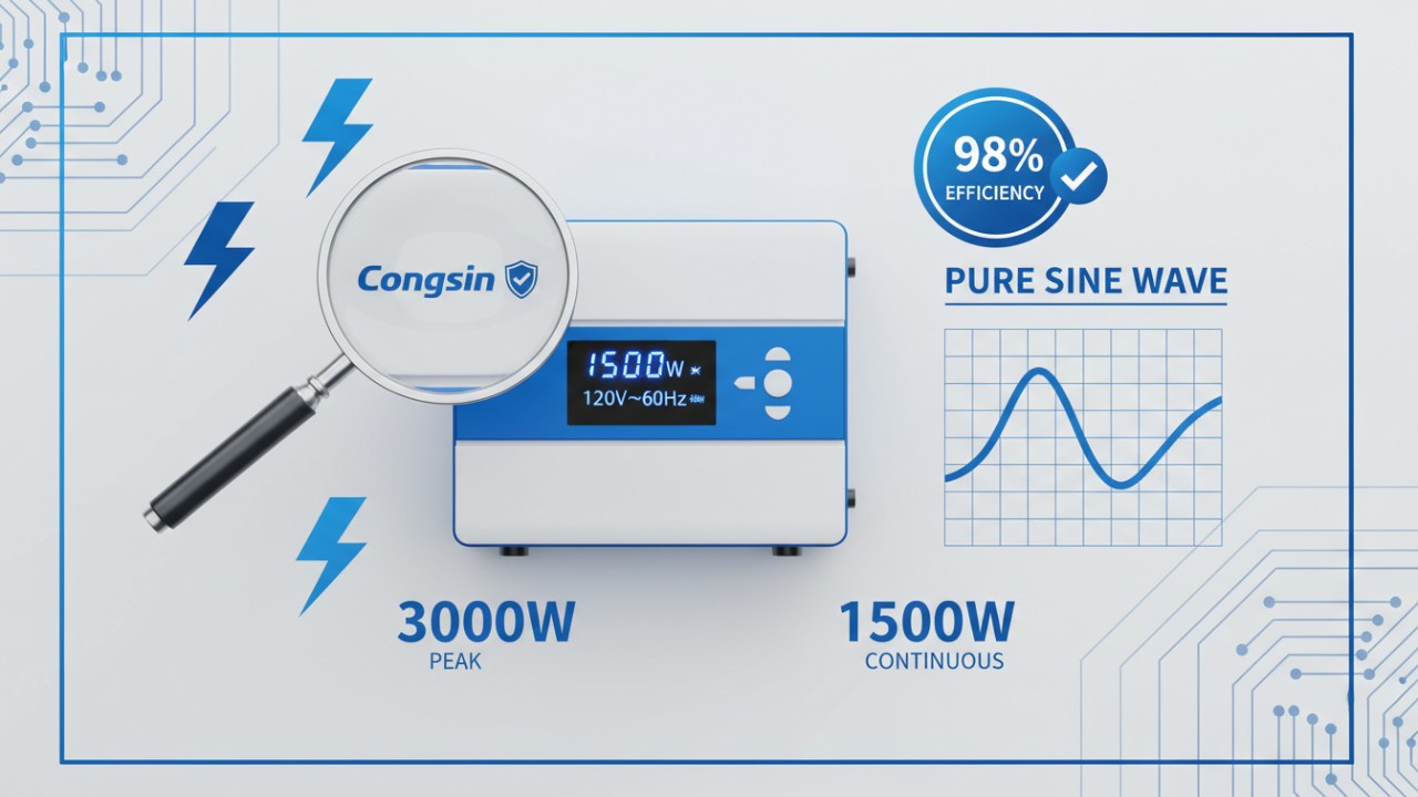 An educational illustration highlighting expert tips for buying car inverters featuring a Congsin branded device