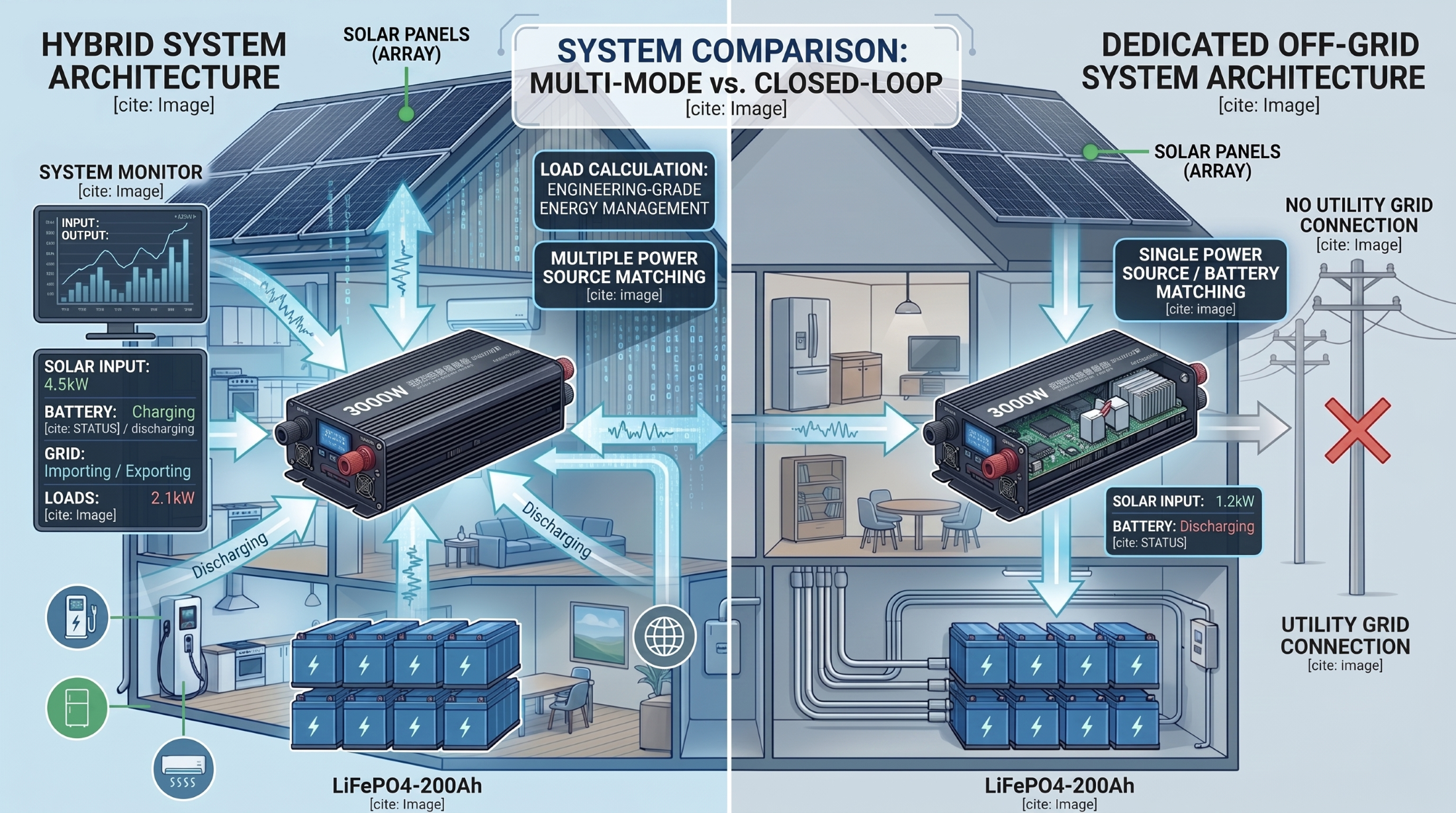 Architecture comparison of hybrid off-grid and grid-tied home solar inverter systems