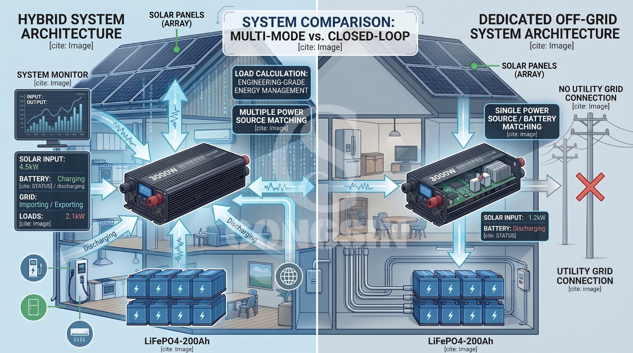 Architecture comparison of hybrid off-grid and grid-tied home solar inverter systems Architecture comparison of hybrid off-grid and grid-tied home solar inverter systems