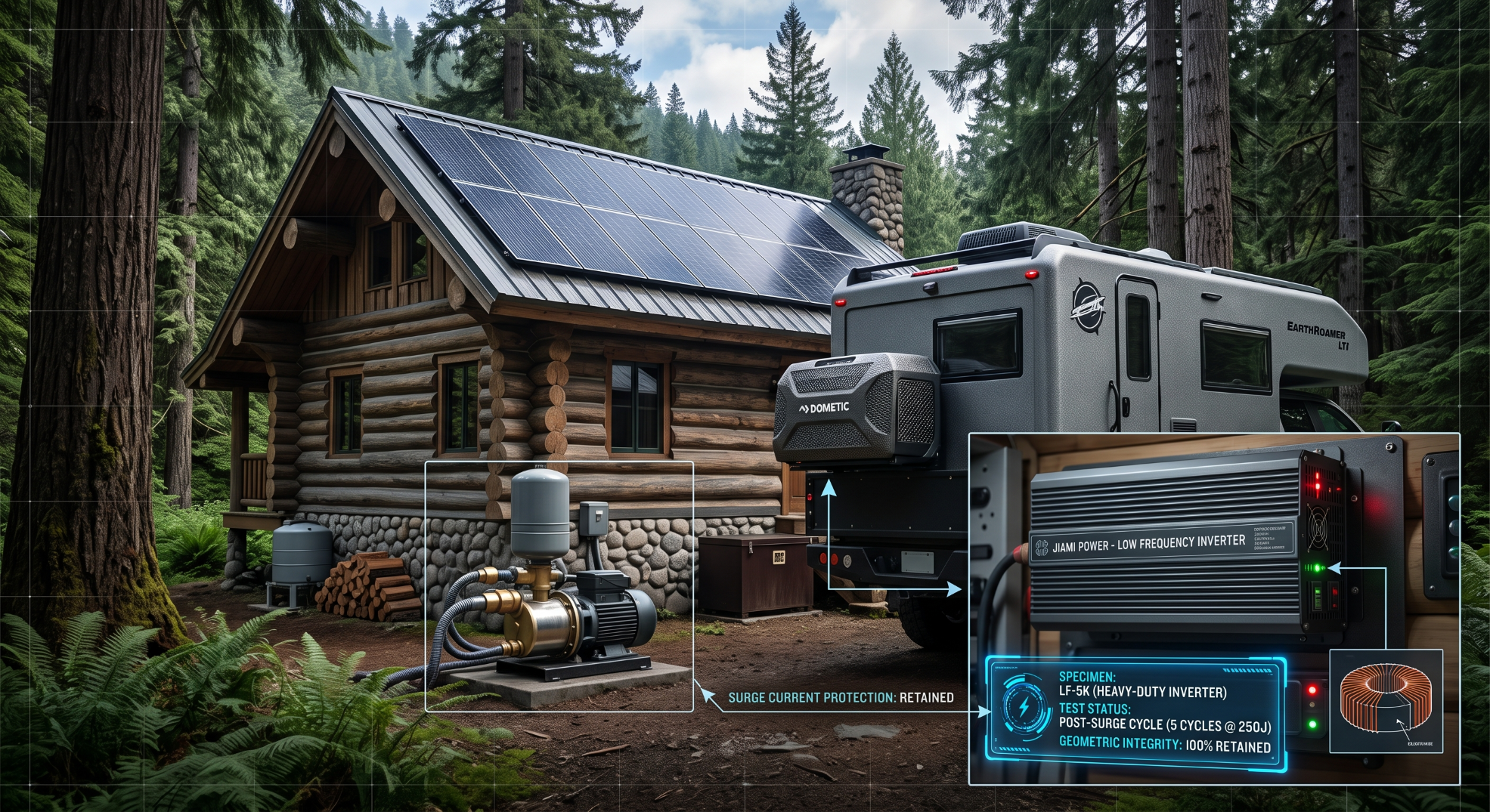 Bidirectional inverter powering heavy inductive loads like RV air conditioners and well pumps.