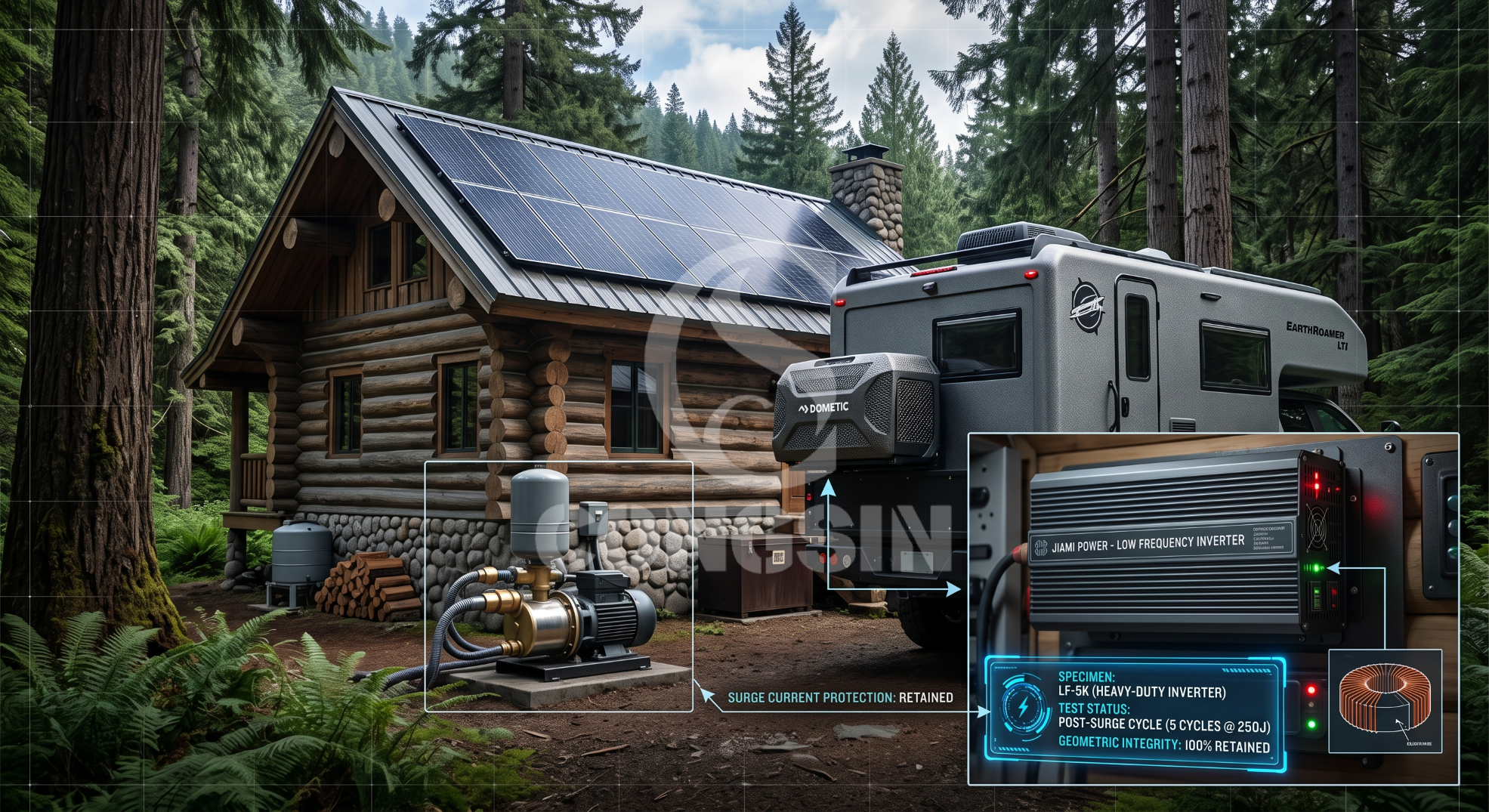 Bidirectional inverter powering heavy inductive loads like RV air conditioners and well pumps. Bidirectional inverter powering heavy inductive loads like RV air conditioners and well pumps.
