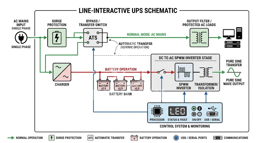 Block diagram showing the automatic transfer switch ATS and inverter stage of a UPS inverter Block diagram showing the automatic transfer switch ATS and inverter stage of a UPS inverter