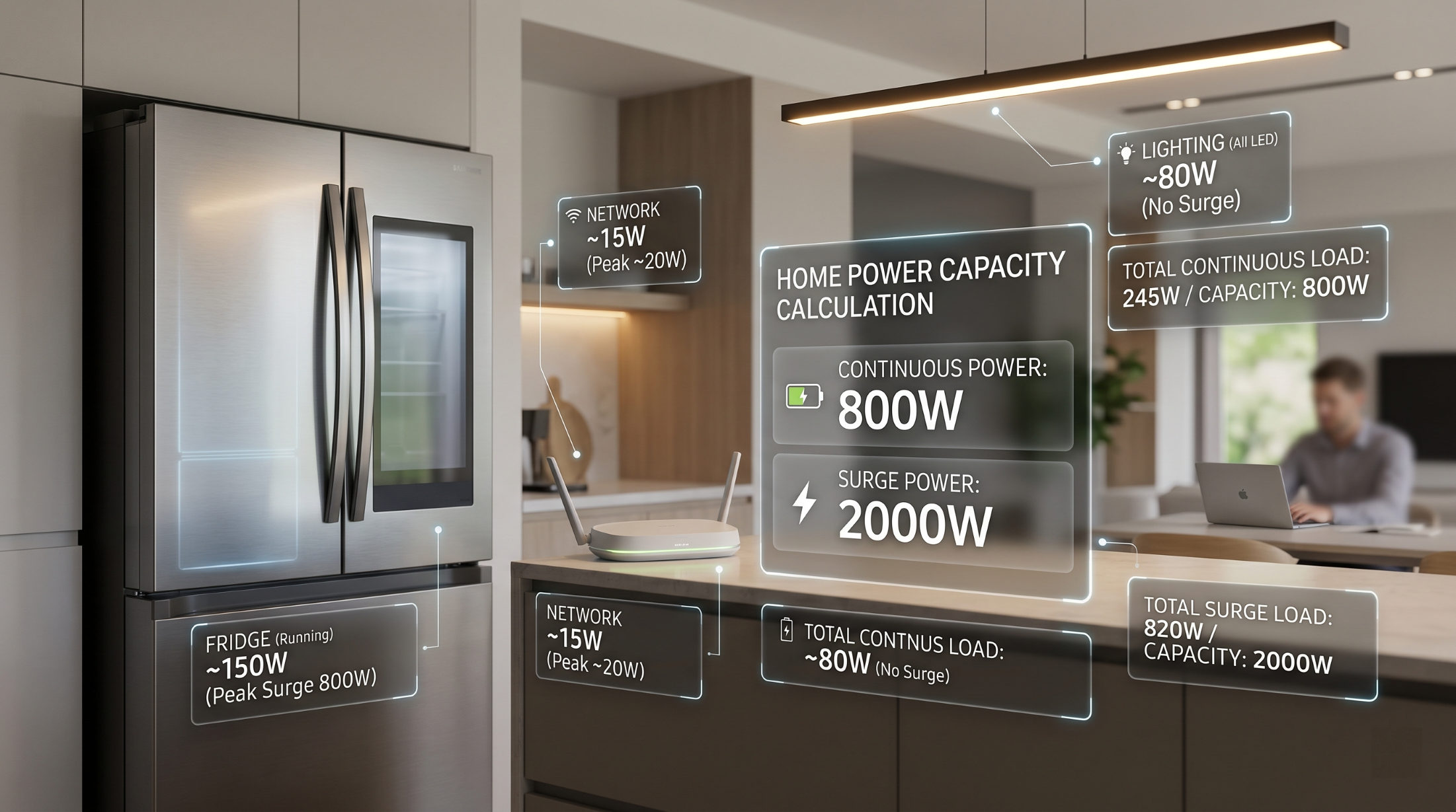Calculating continuous and surge loads for essential home appliances during an outage