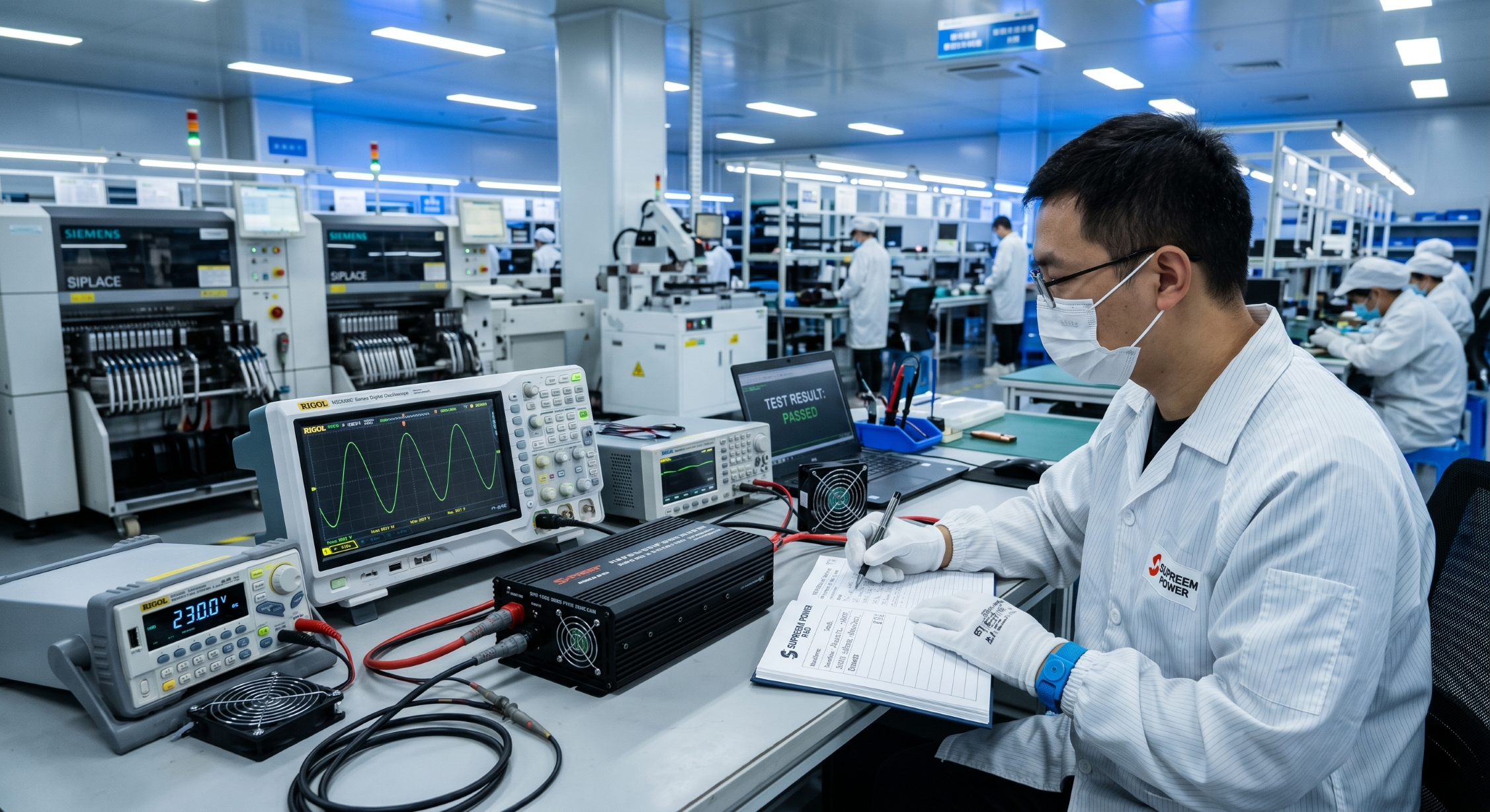 Car inverter quality control and pure sine wave oscilloscope testing