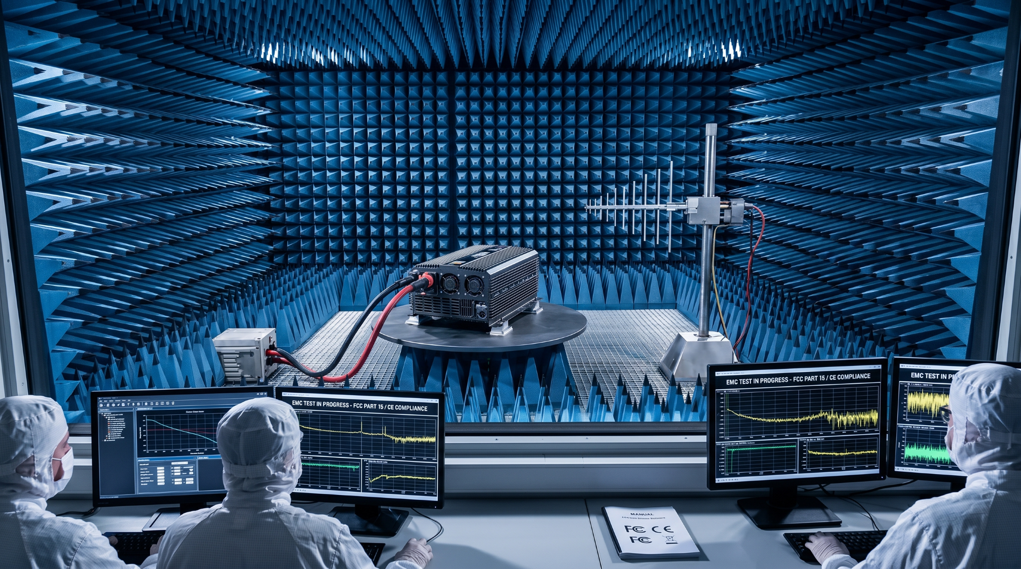 Car inverter undergoing rigorous EMC testing for CE and FCC compliance
