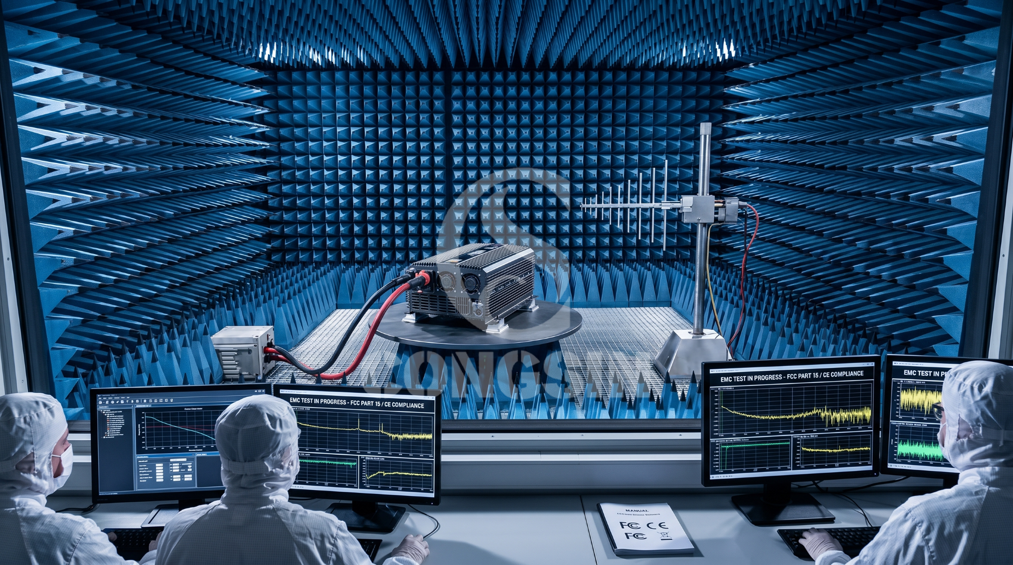 Car inverter undergoing rigorous EMC testing for CE and FCC compliance Car inverter undergoing rigorous EMC testing for CE and FCC compliance