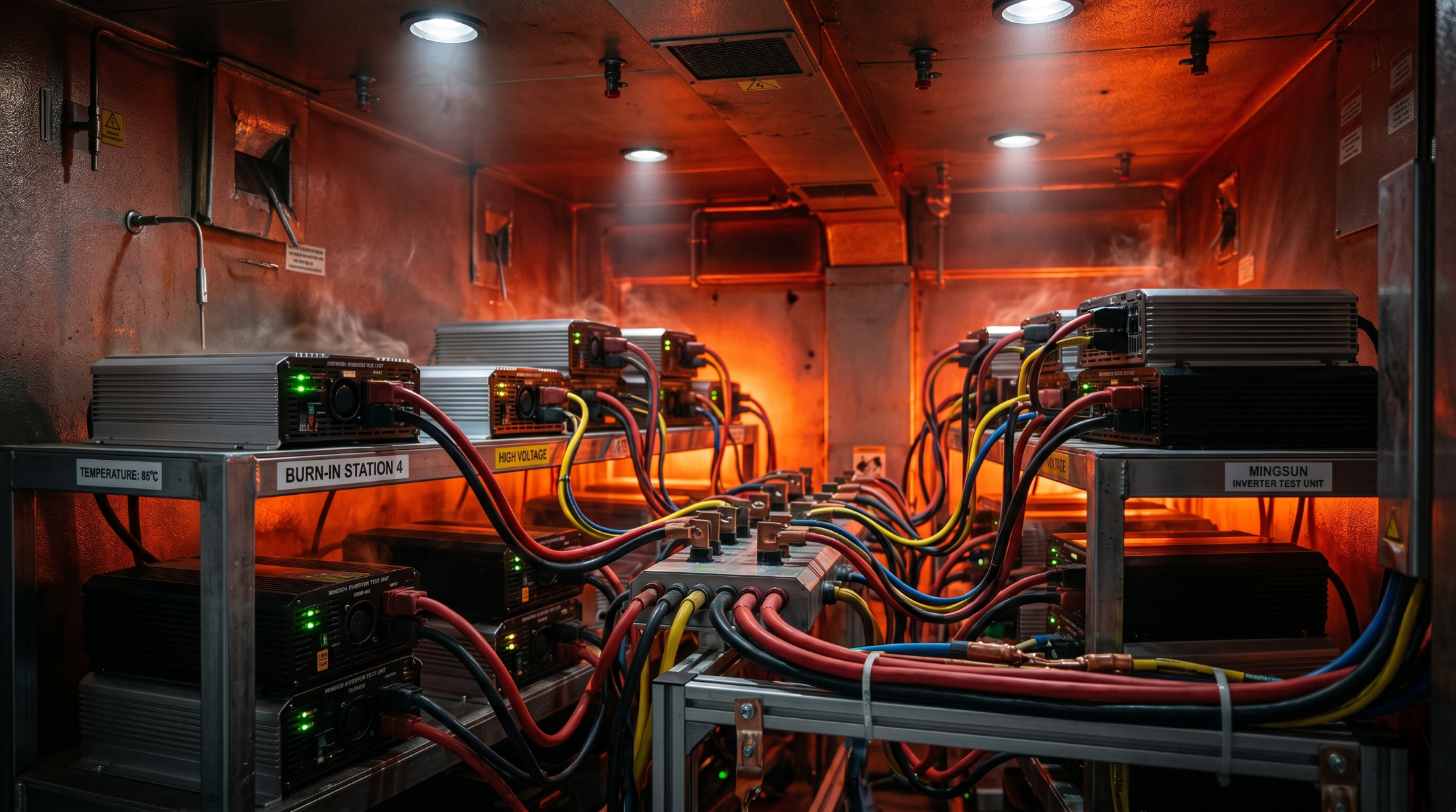 Car power inverters undergoing high-temperature burn-in test