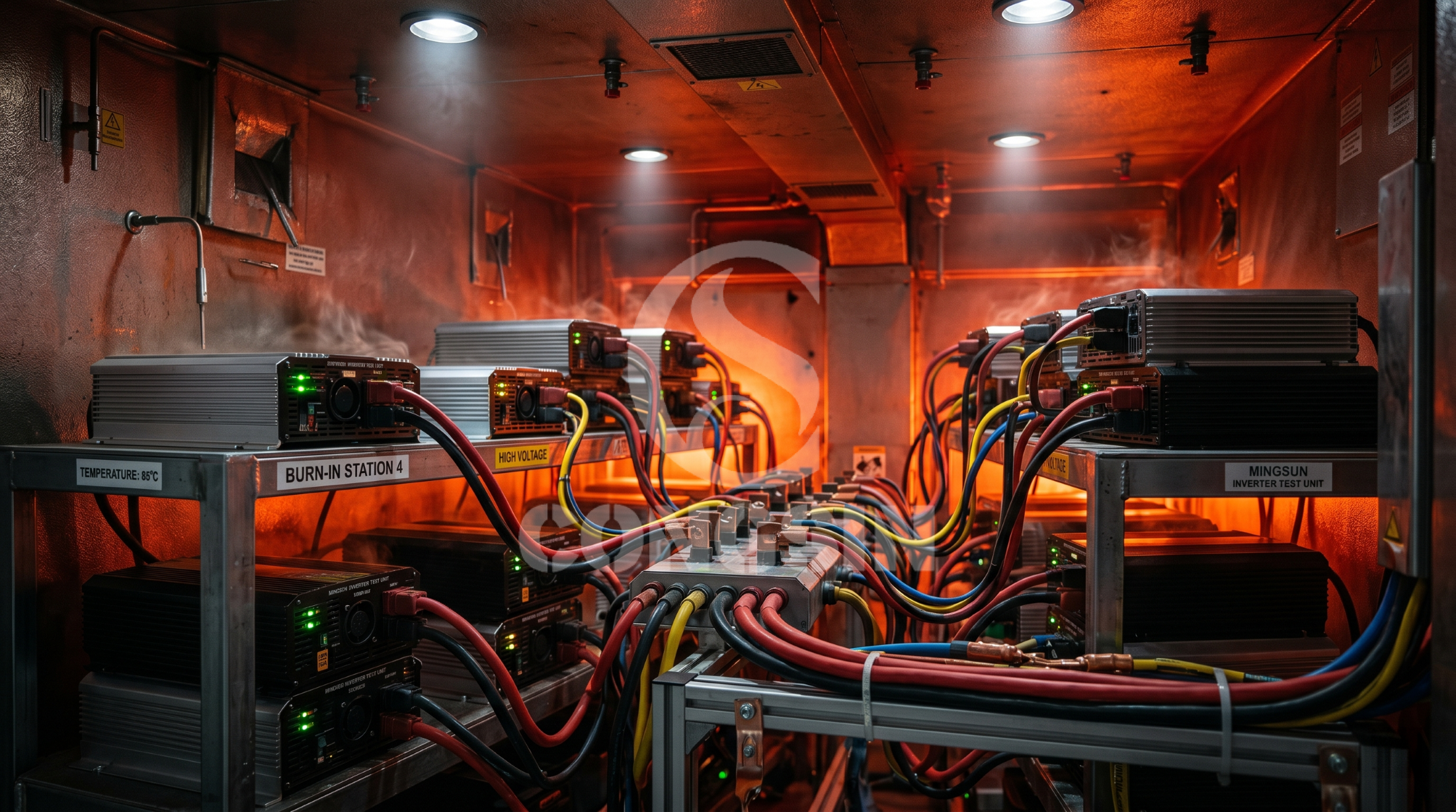 Car power inverters undergoing high-temperature burn-in test Car power inverters undergoing high-temperature burn-in test