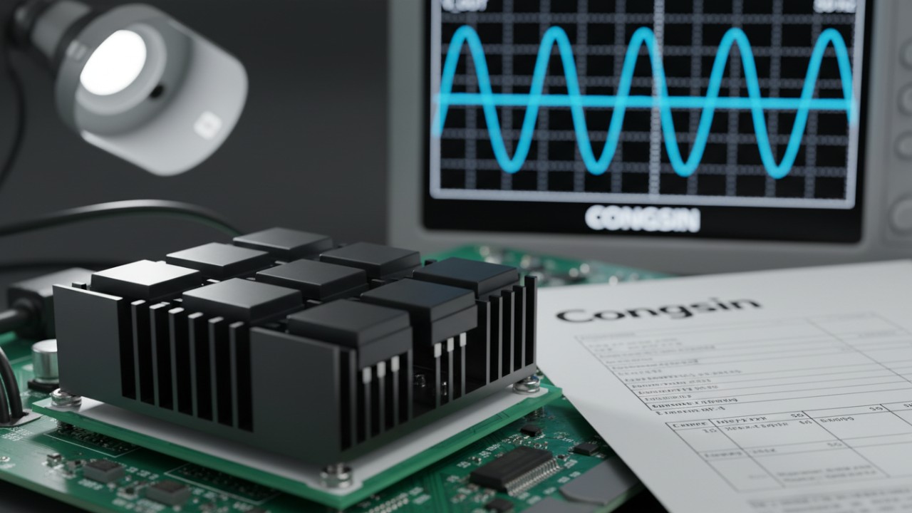 Close up shot of power MOSFETs on a heatsink next to a technical manual with the Congsin brand logo.