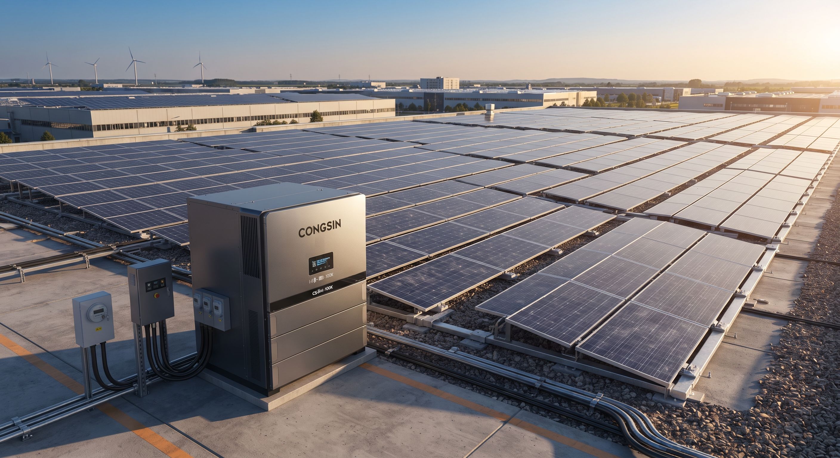 Commercial hybrid solar inverter architecture installed in an industrial AC coupled solar array. - Congsin