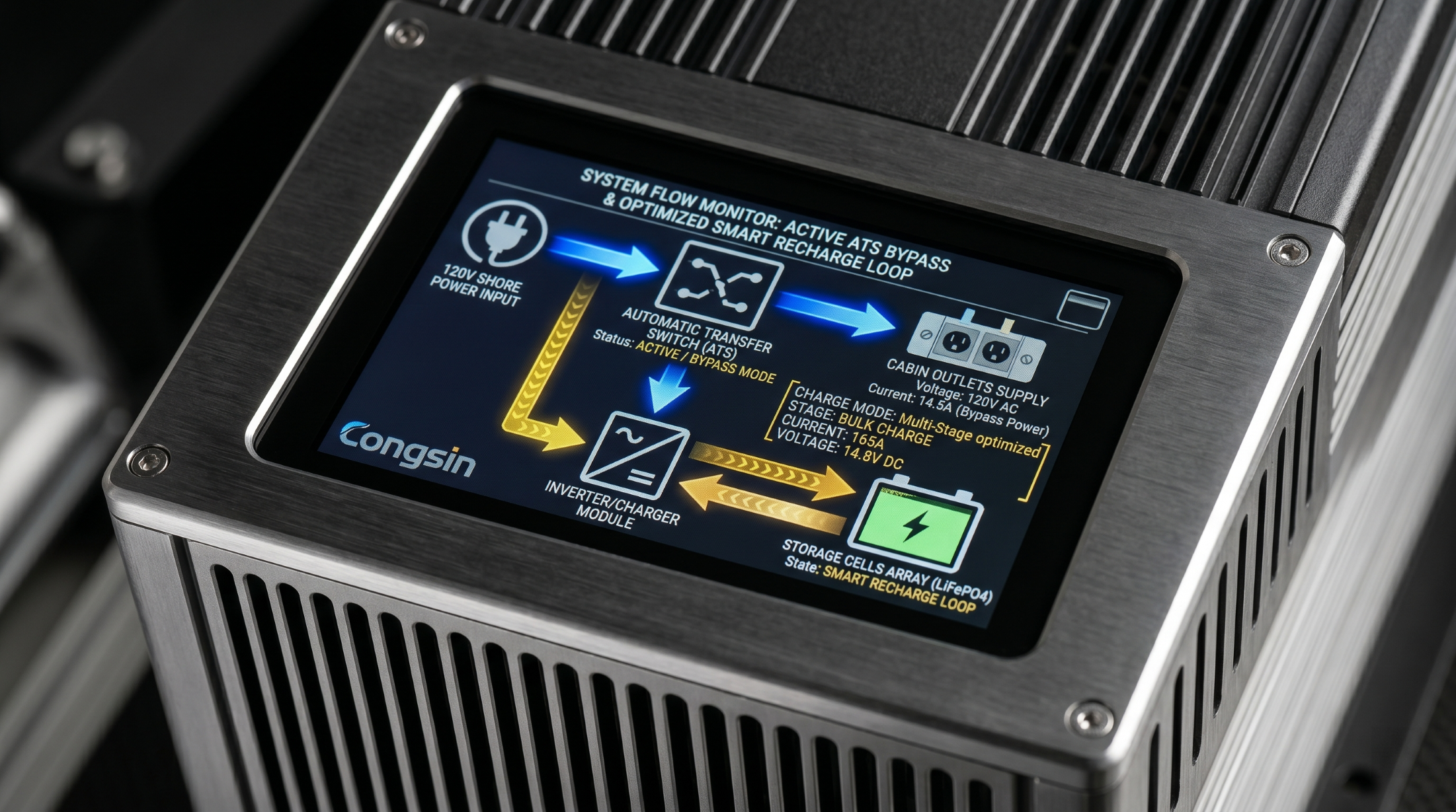 Commercial RV inverter charger command panel showing live multi-stage battery charging and ATS bypass loop data