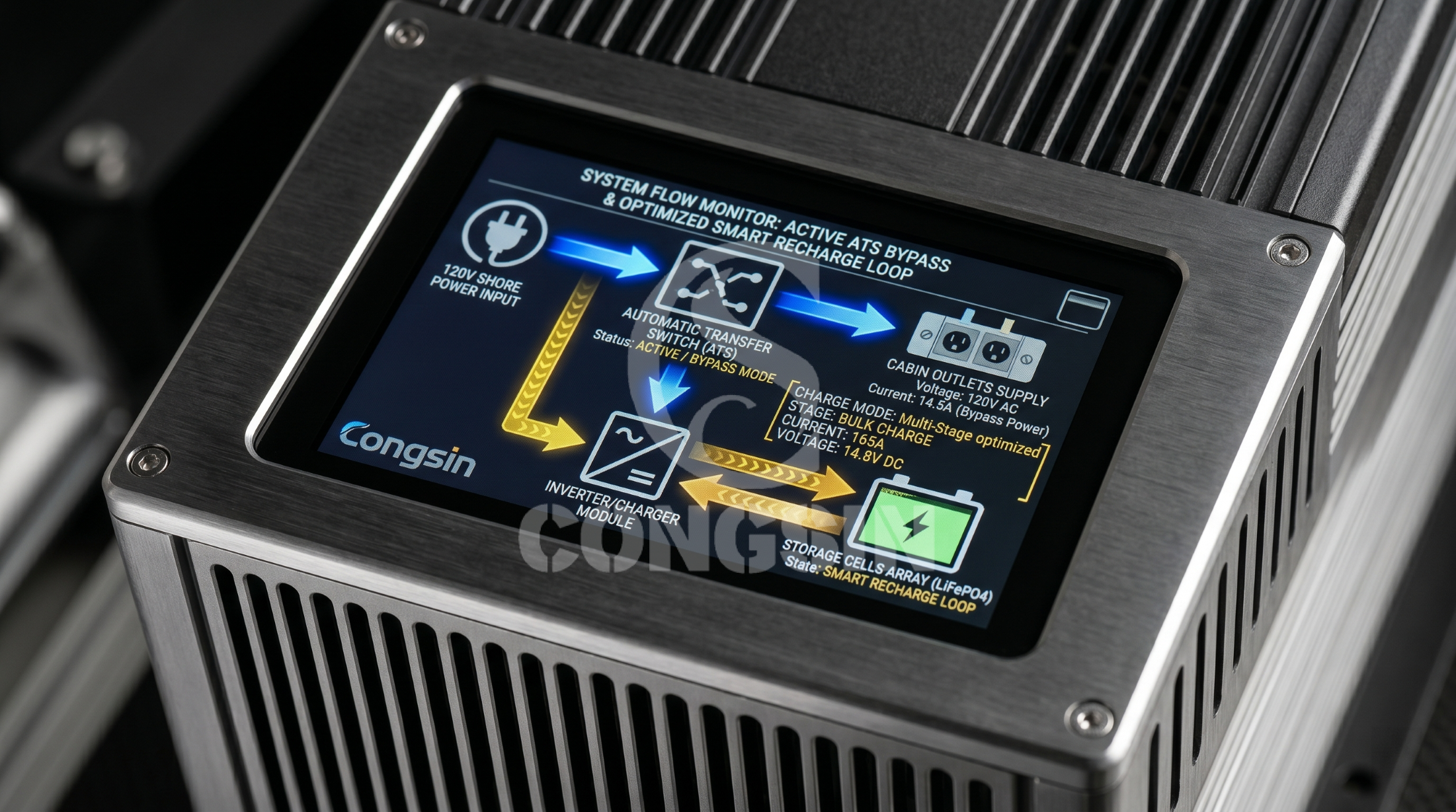 Commercial RV inverter charger command panel showing live multi-stage battery charging and ATS bypass loop data Commercial RV inverter charger command panel showing live multi-stage battery charging and ATS bypass loop data