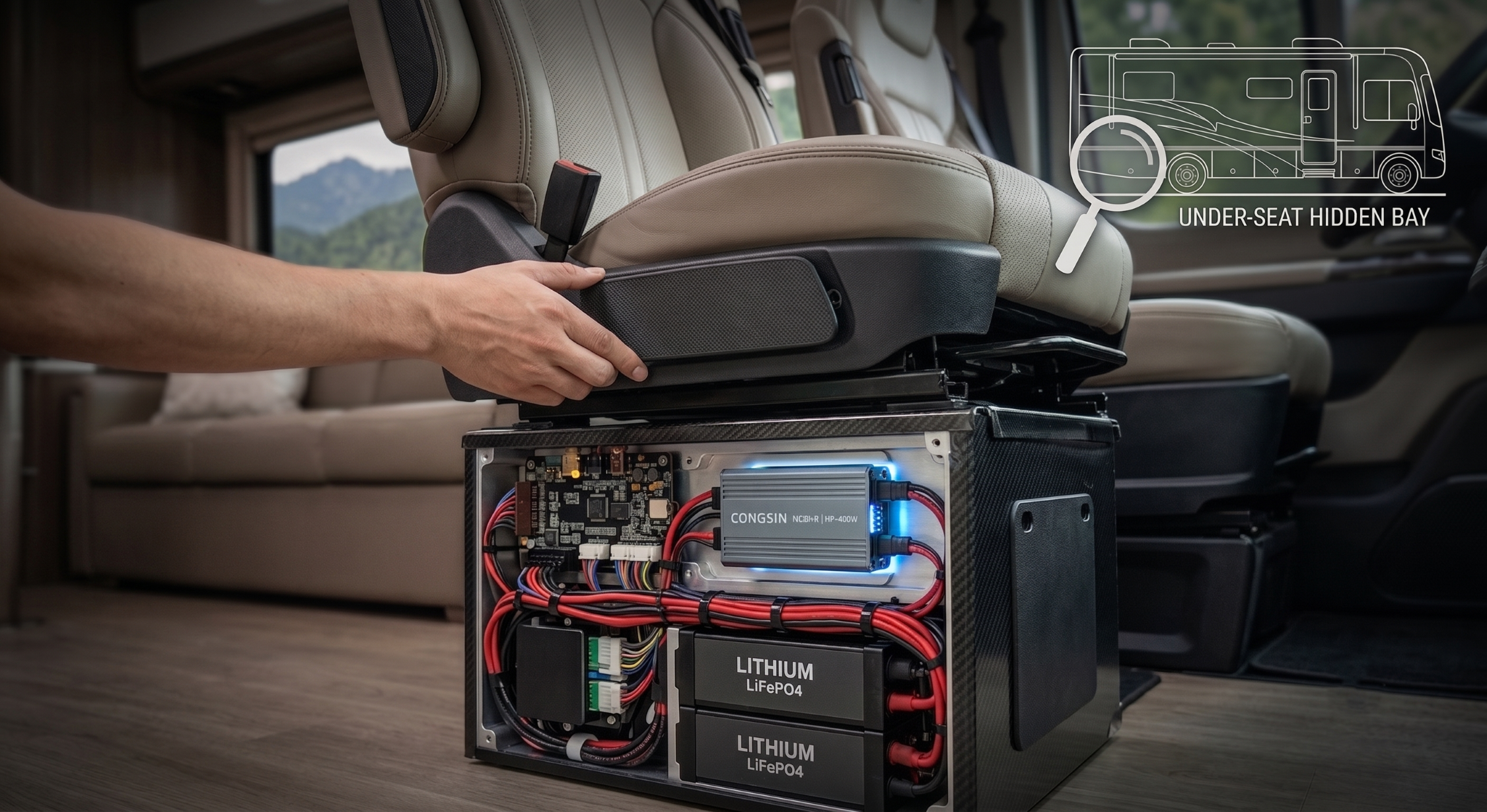 Compact high frequency inverter installed in a space-restricted luxury RV