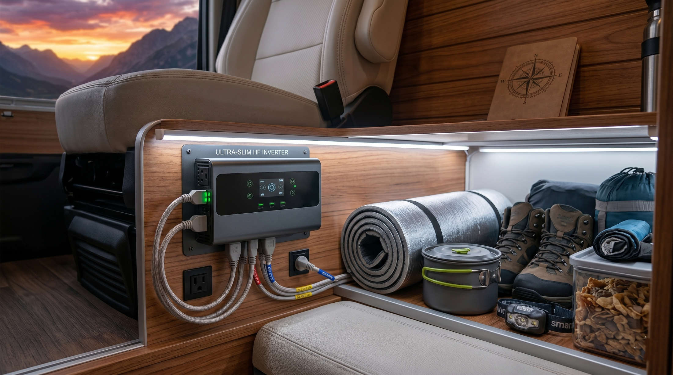 Compact lightweight inverter saving storage space in a campervan
