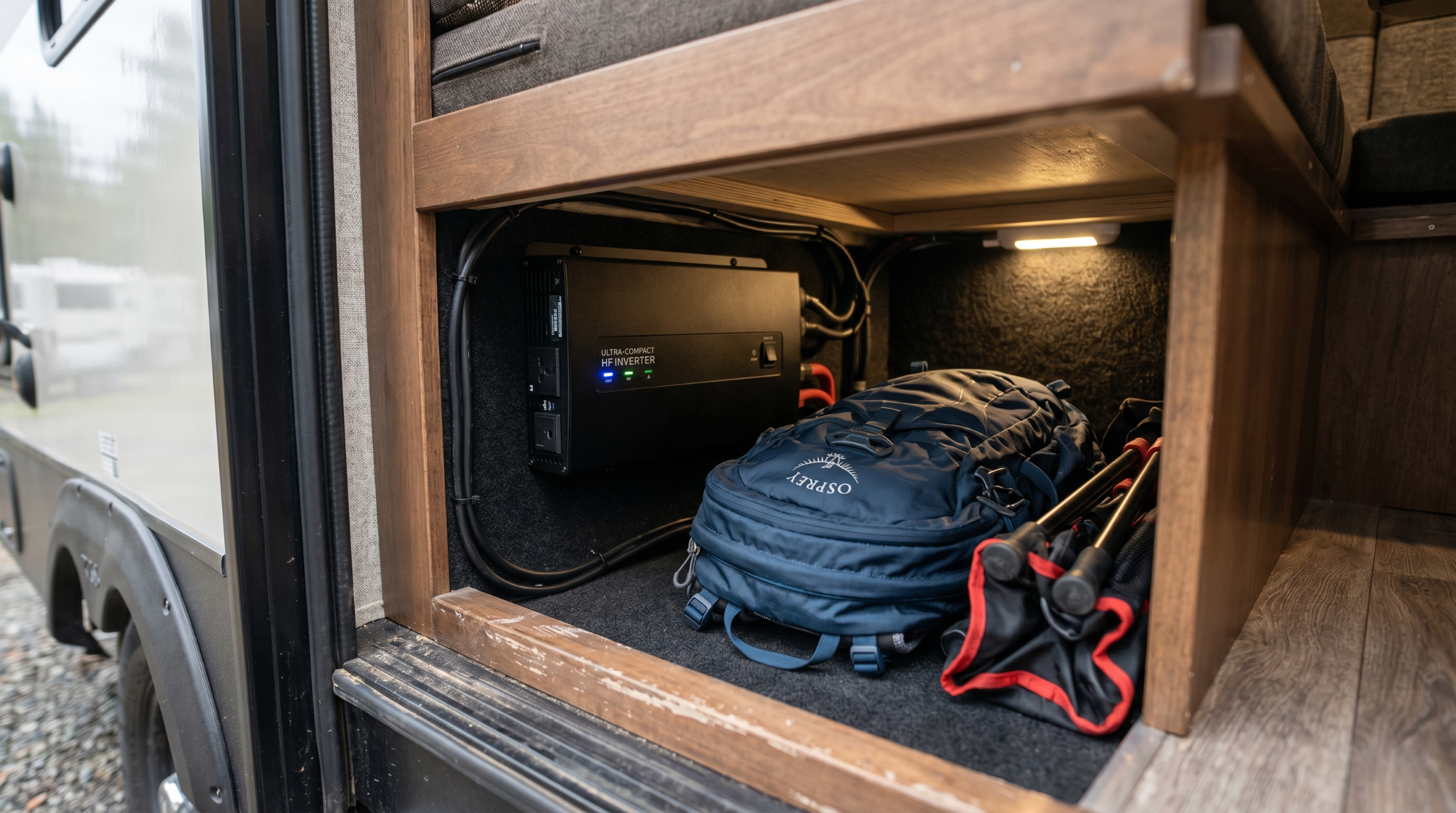 Compact power inverter saving valuable storage space under a motorhome seat