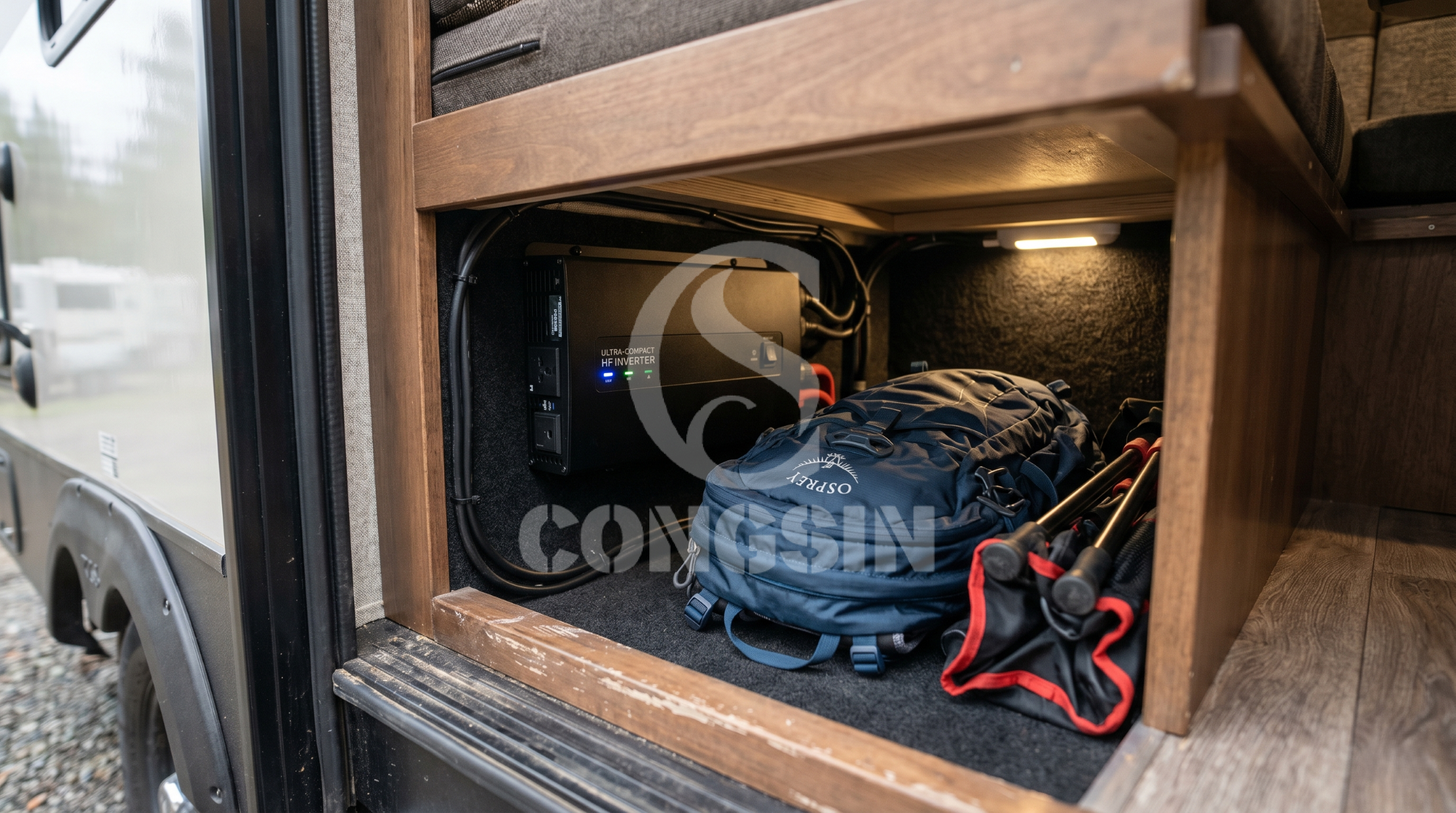 Compact power inverter saving valuable storage space under a motorhome seat Compact power inverter saving valuable storage space under a motorhome seat