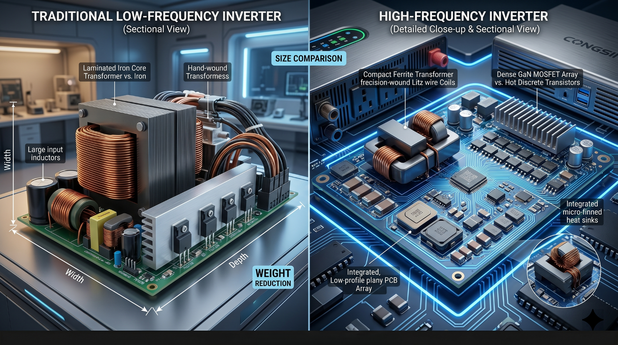 Compact solid-state transformer technology inside a lightweight high frequency inverter