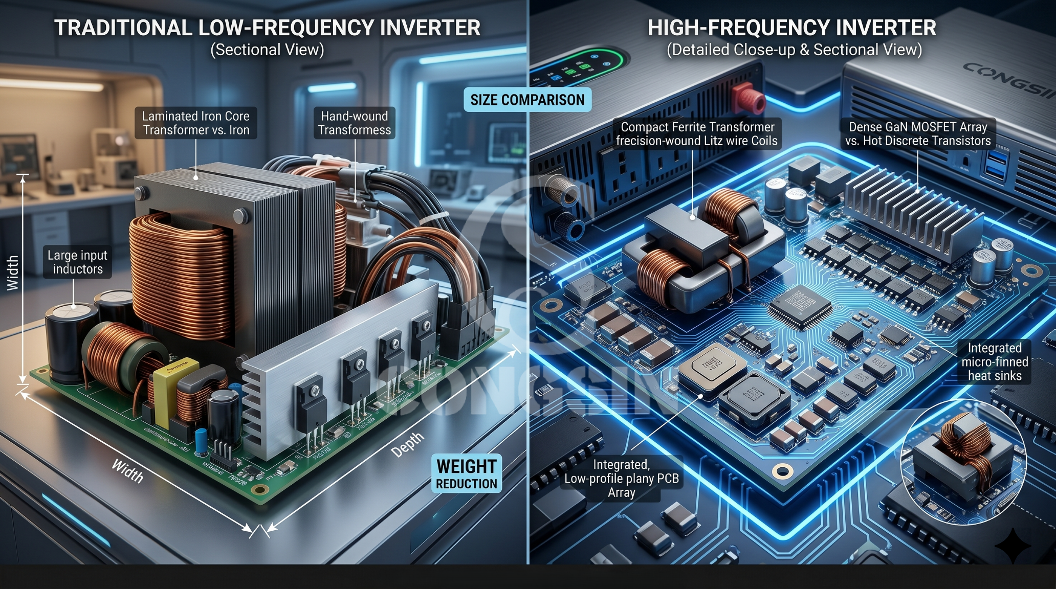 Compact solid-state transformer technology inside a lightweight high frequency inverter Compact solid-state transformer technology inside a lightweight high frequency inverter