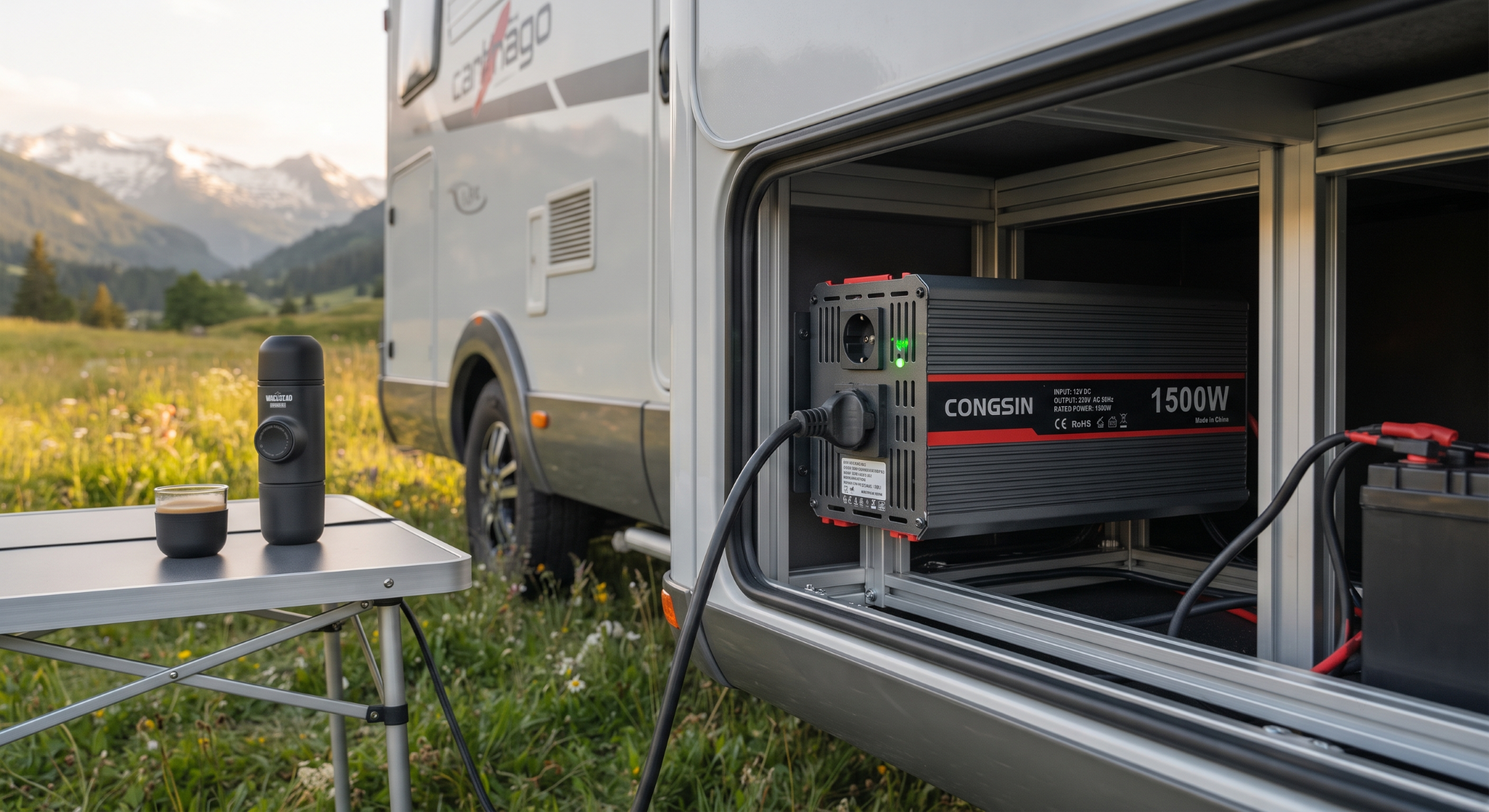 CONGSIN 1500W bidirectional inverter powering European RV camping appliances.
