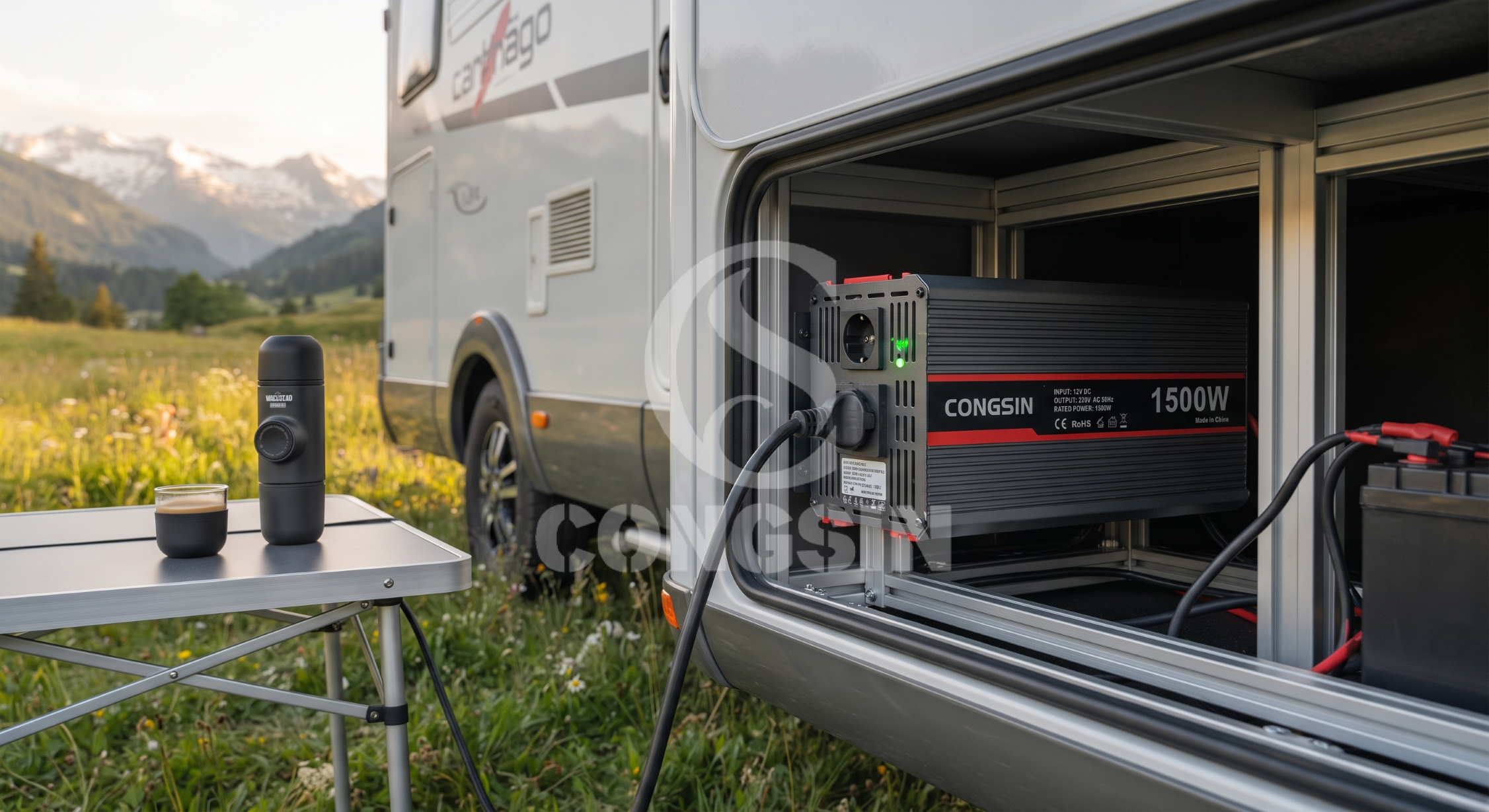 CONGSIN 1500W bidirectional inverter powering European RV camping appliances. CONGSIN 1500W bidirectional inverter powering European RV camping appliances.