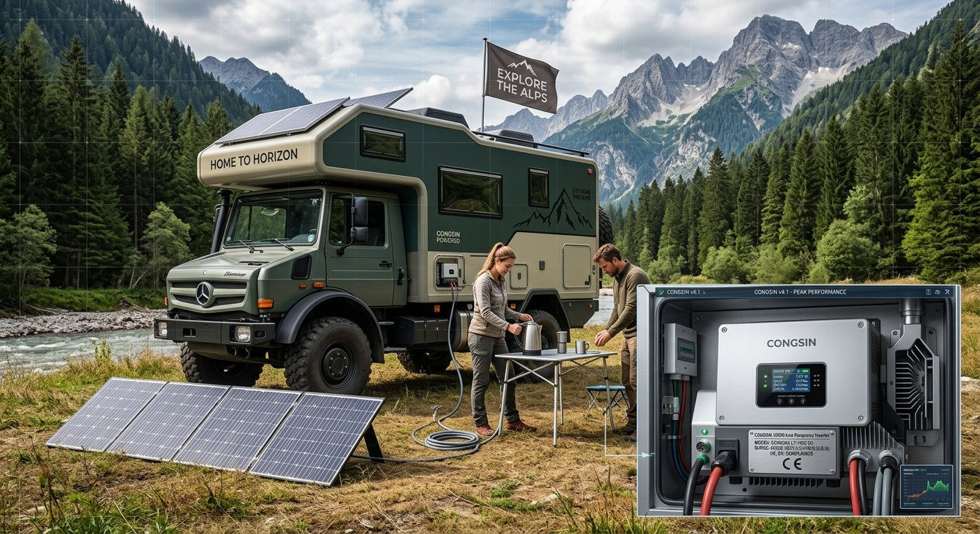 CONGSIN 1500W inverter powering European RV camping appliances.