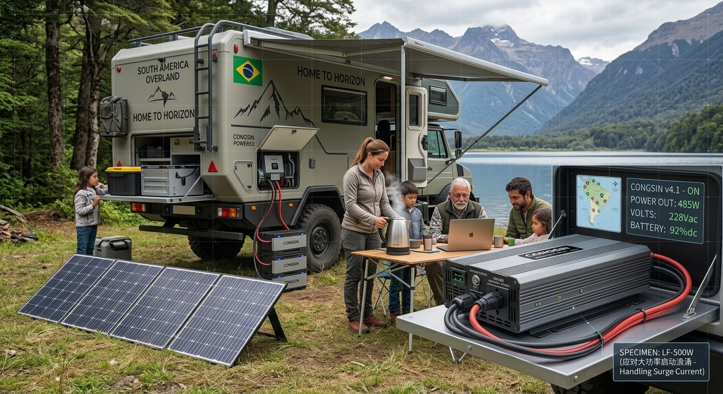 CONGSIN 500W emergency car inverter powering appliances during a South American off-grid trip.