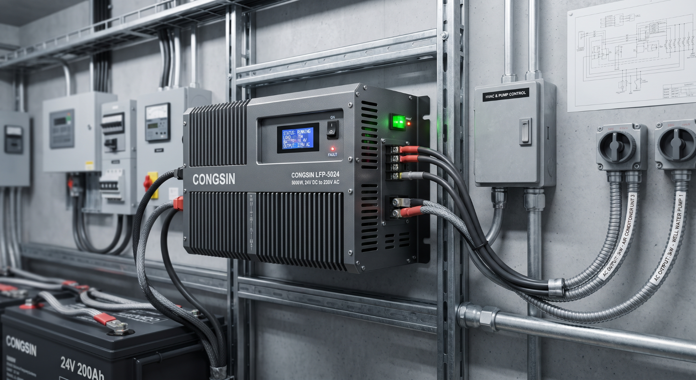 CONGSIN low-frequency inverter managing residential surge loads and source transfer.
