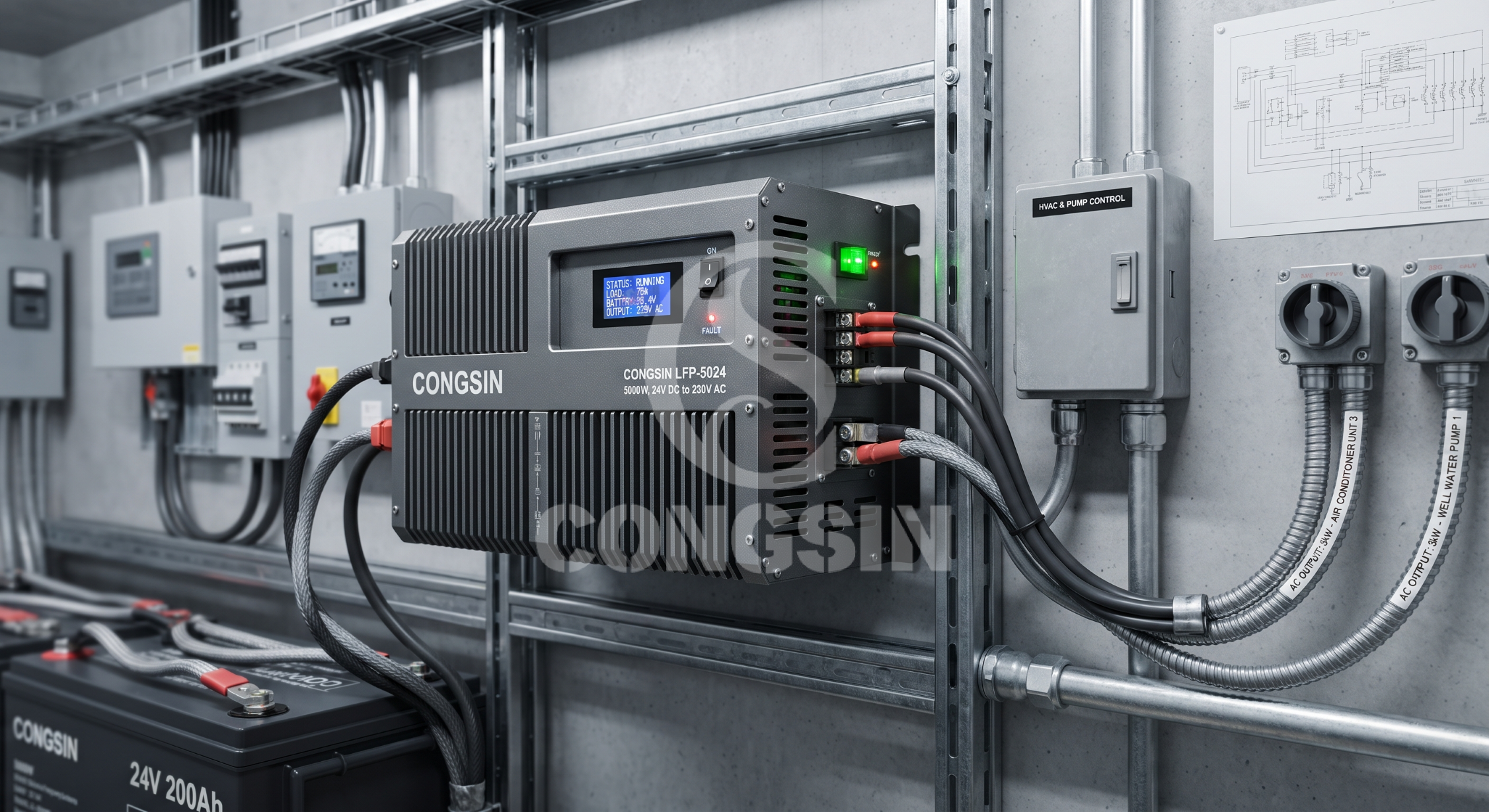 CONGSIN low-frequency inverter managing residential surge loads and source transfer. CONGSIN low-frequency inverter managing residential surge loads and source transfer.