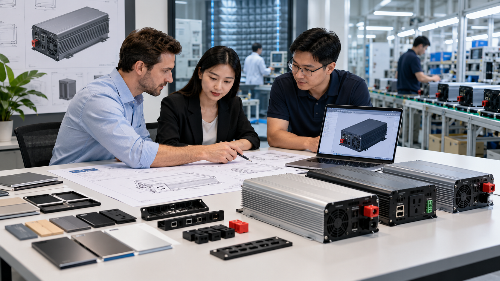Conceptual engineering team reviewing OEM pure sine wave inverter housing, interfaces and technical drawings