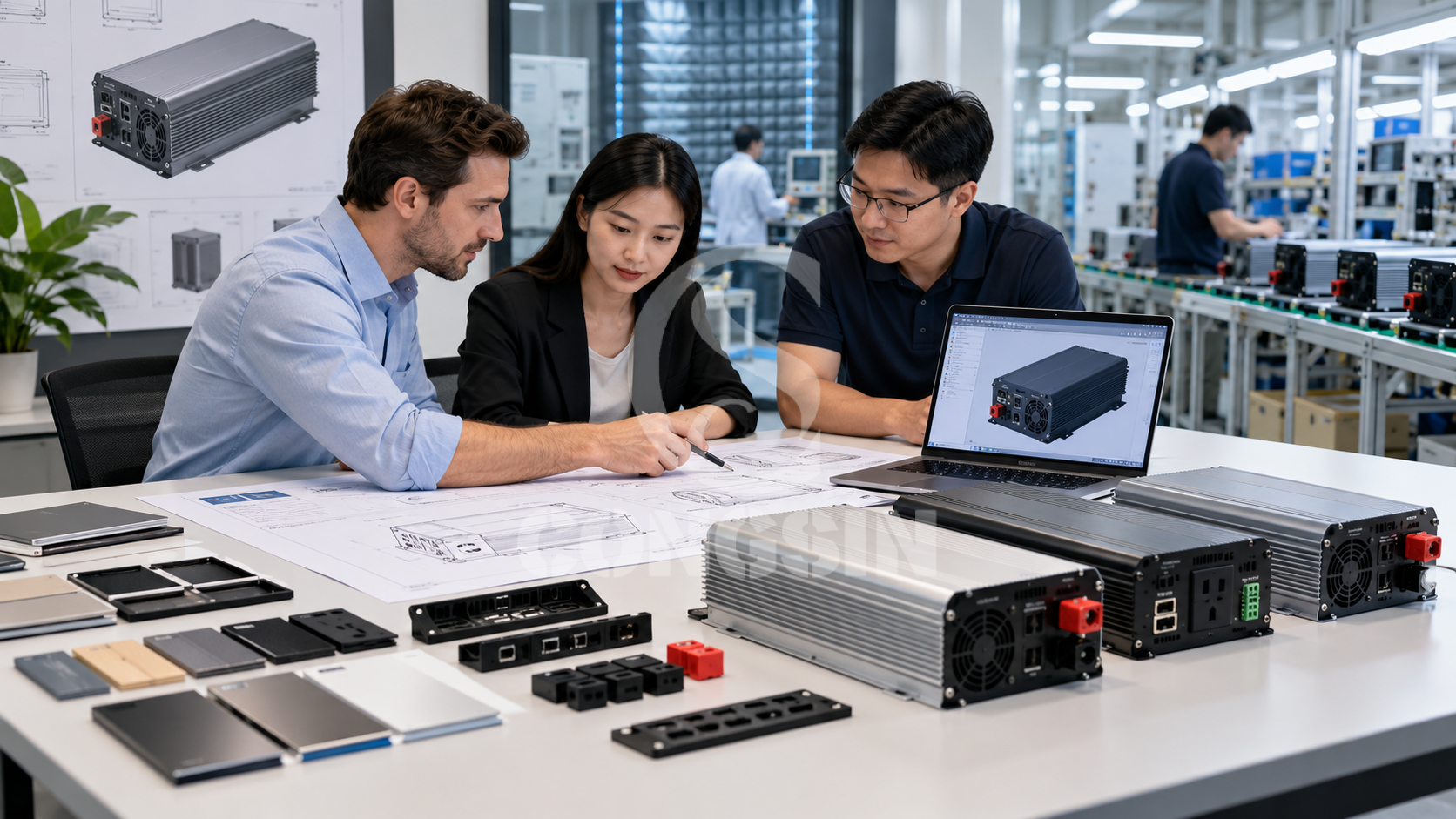OEM Pure Sine Wave Inverter Engineering Co-design Conceptual engineering team reviewing OEM pure sine wave inverter housing, interfaces and technical drawings