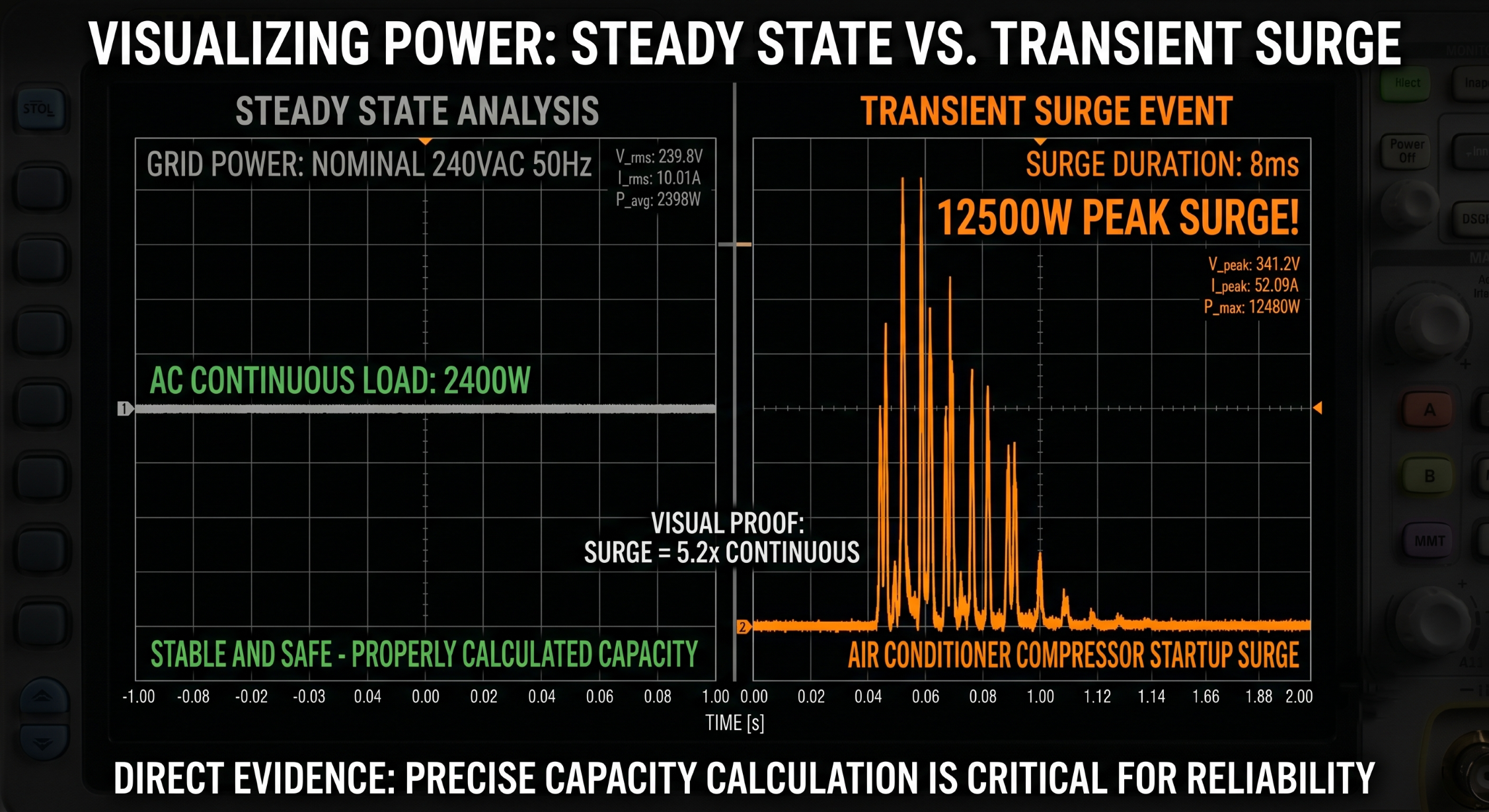 Data graph comparing continuous wattage versus surge power spikes